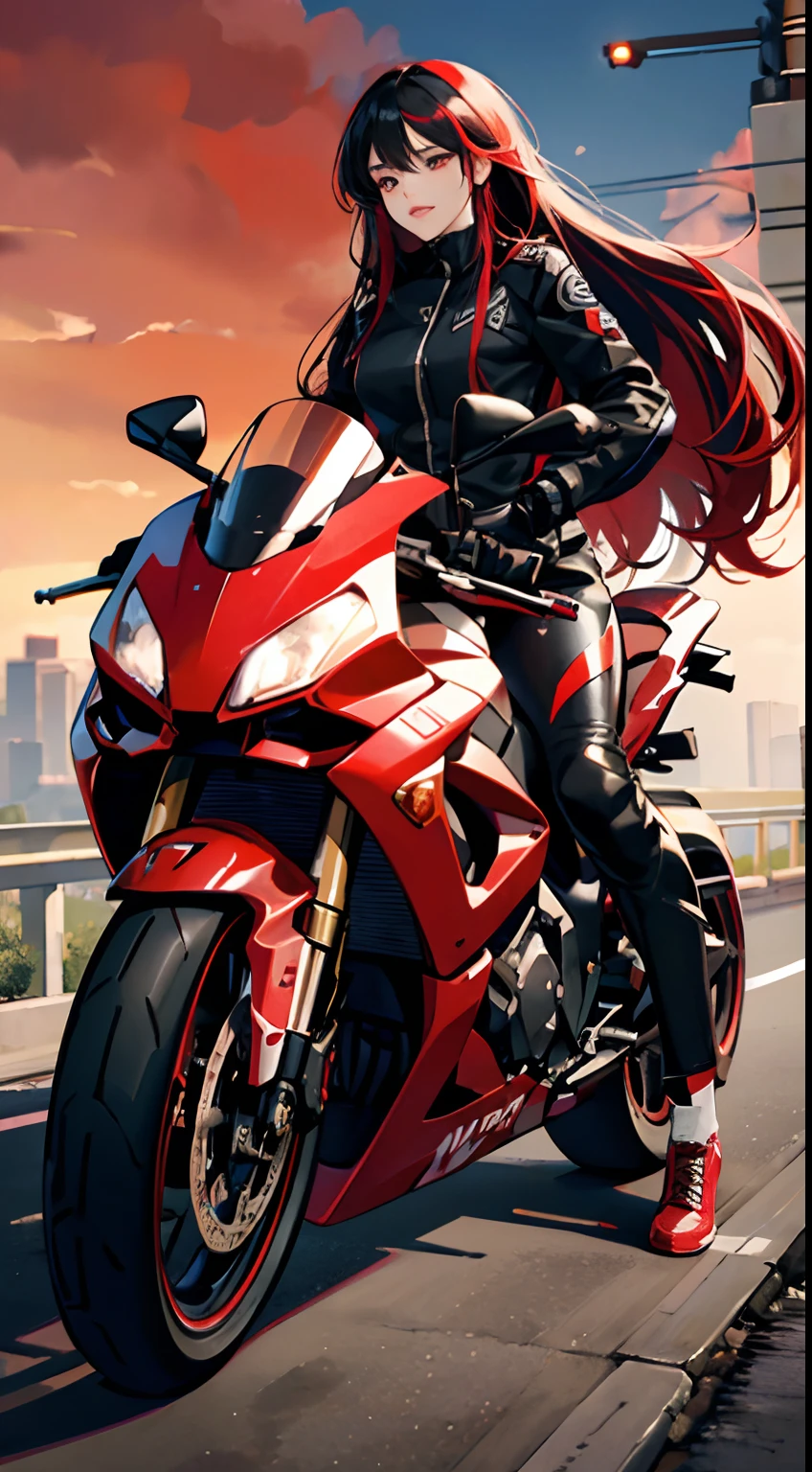 (Best Quality,4K,High resolution), Long hair woman with long red highlights on black hair keeping motorcycle in red metallic color、