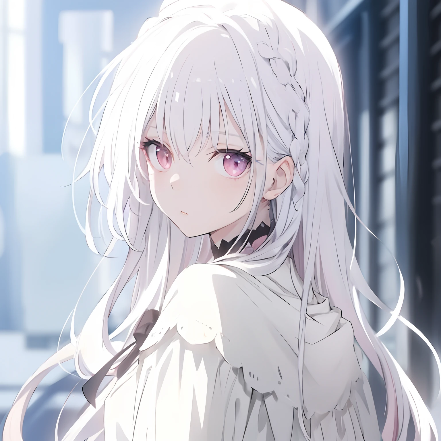 Woman, long straight hair, white hair, light pink tips, bright light pink eyes.