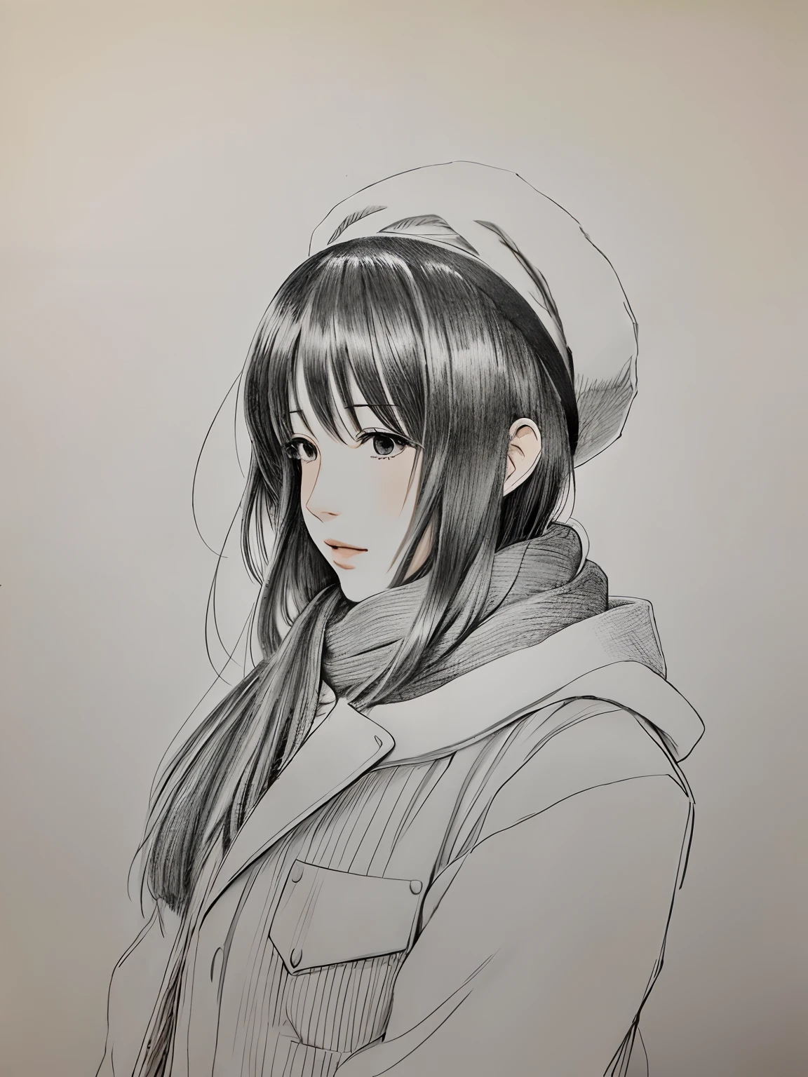 Portrait of a woman in a hat and scarf, female protagonist :8, inspired by Kawabata Ryūshi, heavy shading, an anime drawing, soldier girl, portrait of an anime girl, inspired by Yasutomo Oka