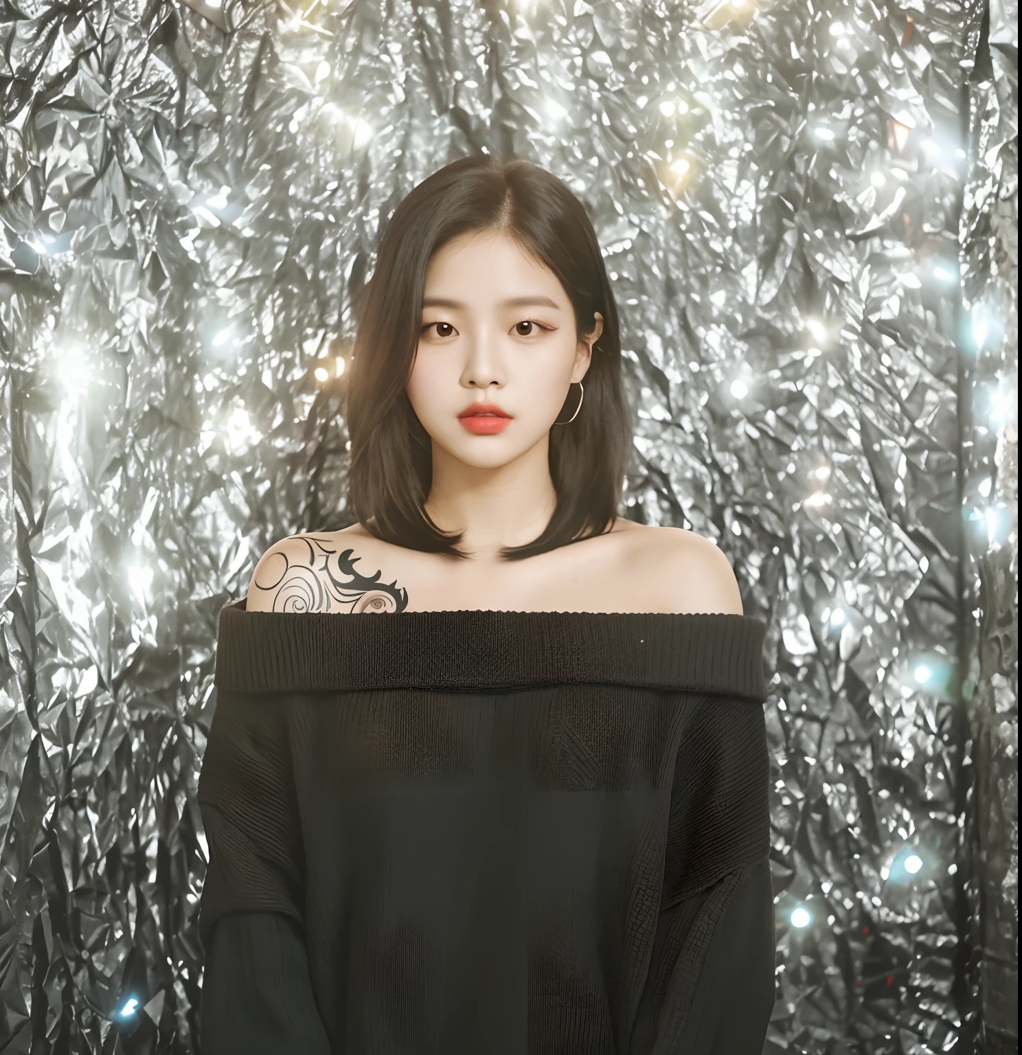 Araped woman with tattoo on arm and wearing black sweater, with short hair, Portrait in the background, heonhwa choe, portrait of jossi of blackpink, Park Jimin / Park Ji-min, Synthwave, jiyun chae, seseon yoon, jaeyeon nam, blackpink jennie, Hongjoon-hyung, Normal number (Sangsoo Jeong)