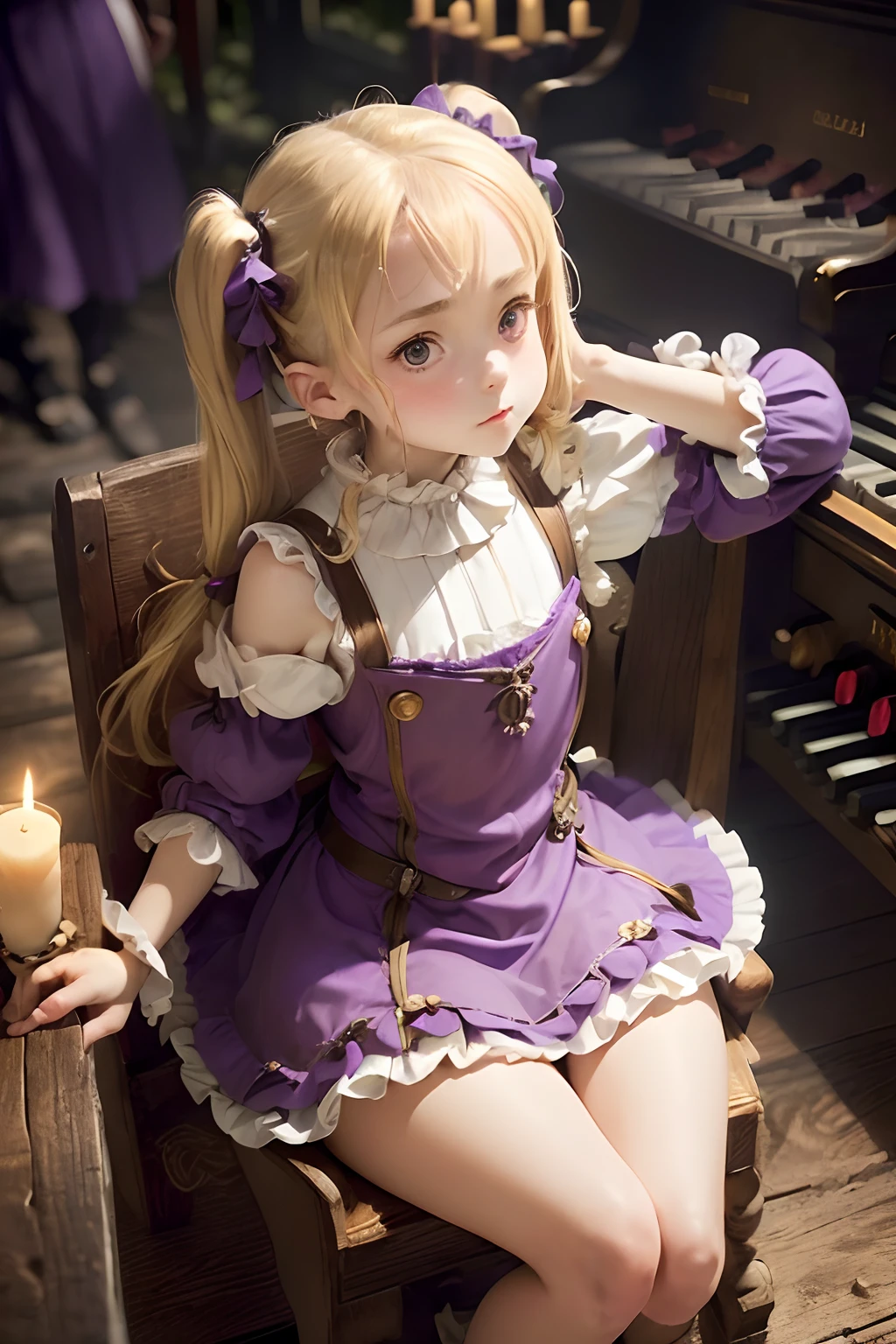 (((Petite girl with blonde twin tails))),(Medieval purple ruffled dress),1girl in,(masutepiece), (Best Quality), (Best Detail), (Distant perspective), (((Sit in a chair and play the organ))), Very detailed face, , Night , shading ,(((in woods))),(((Candlelight))),(((Angle from the side)))