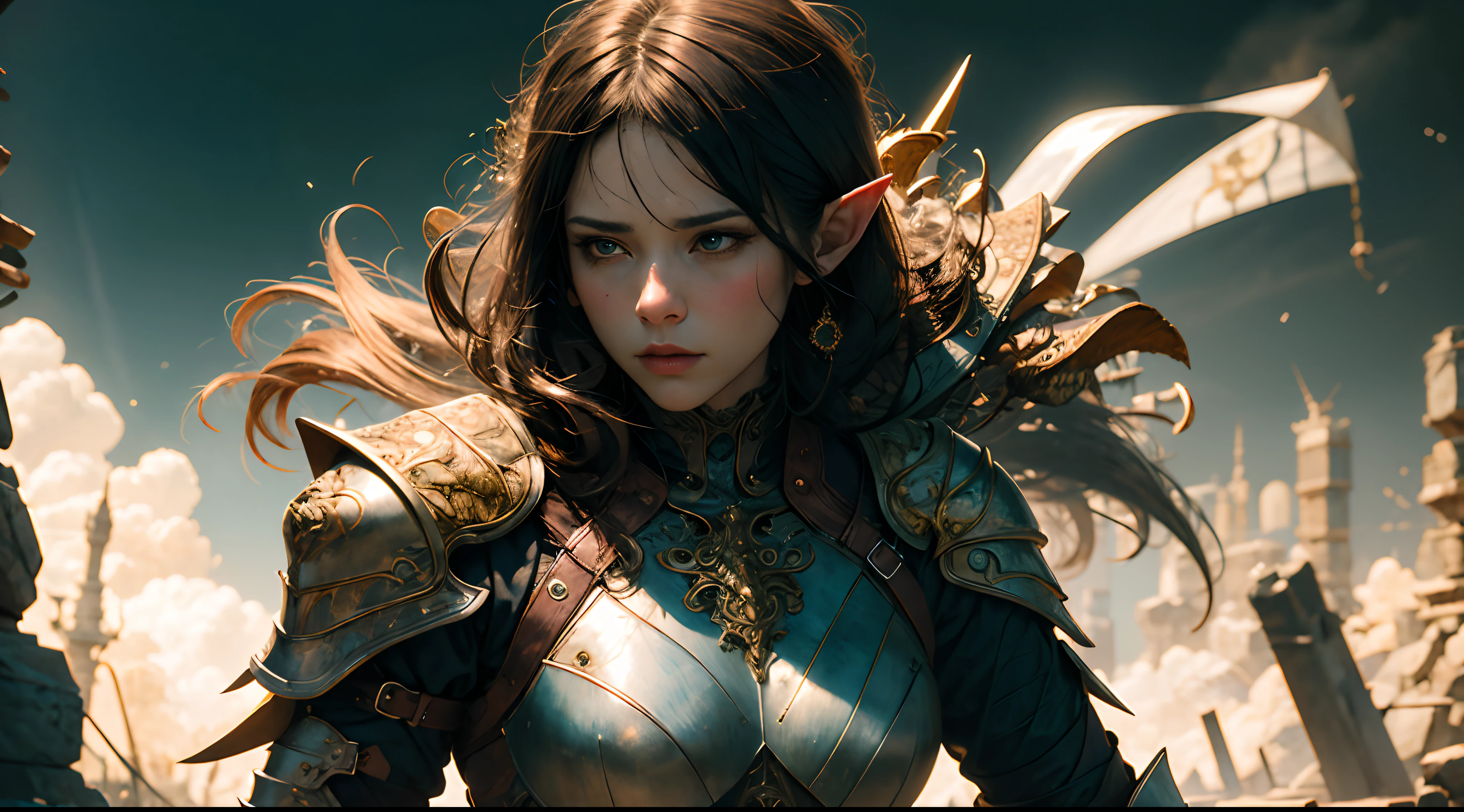 (masterpiece:1.2) (illustration:1.1) (best quality:1.2) (detailed) (intricate) (8k) (HDR) (wallpaper) (cinematic lighting) (sharp focus), beautiful woman, skinny, elf, fair skin, short black hair, shinny armor, black leather, serious face