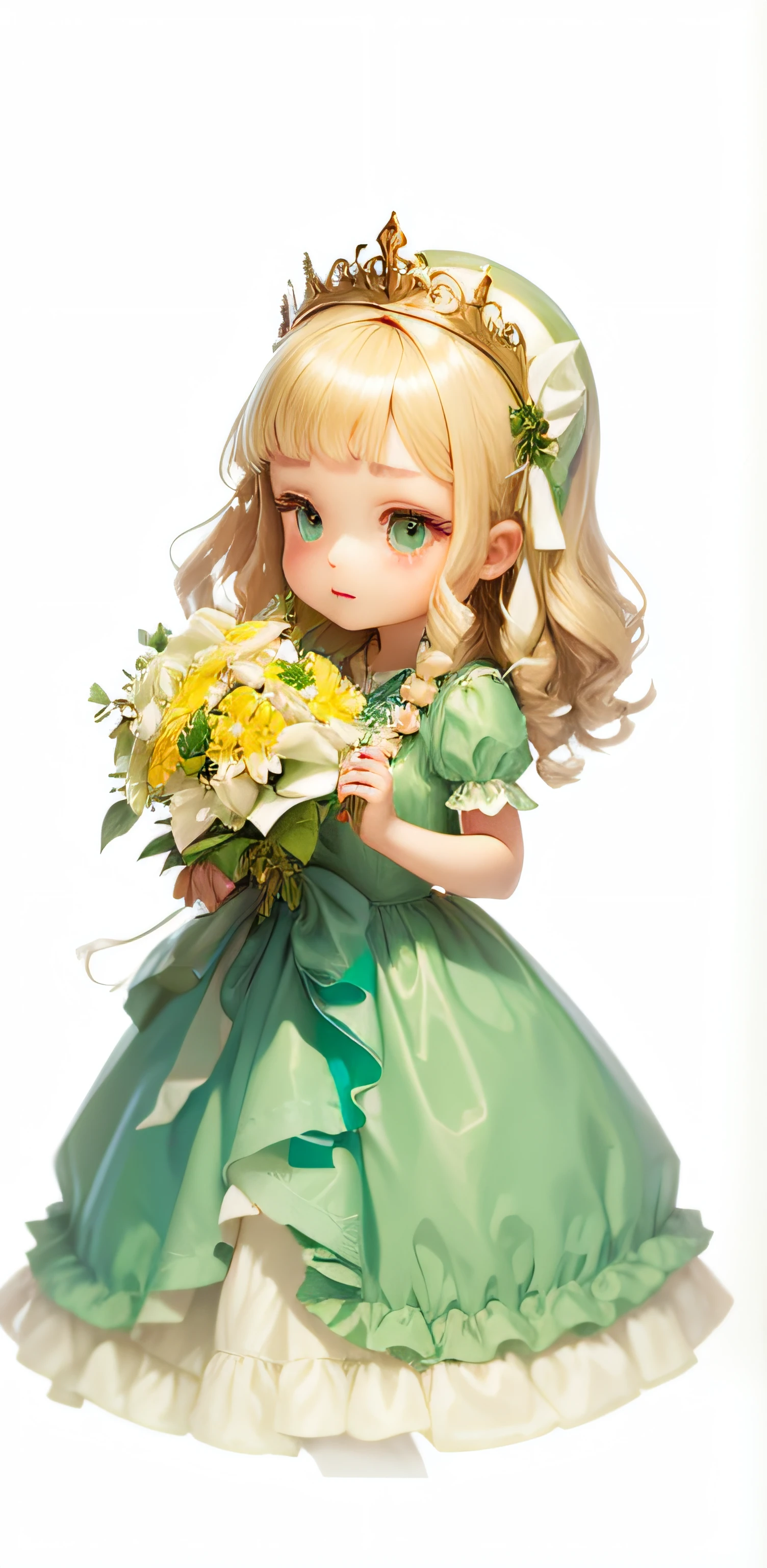 Bouquet in hand,Green princess dress