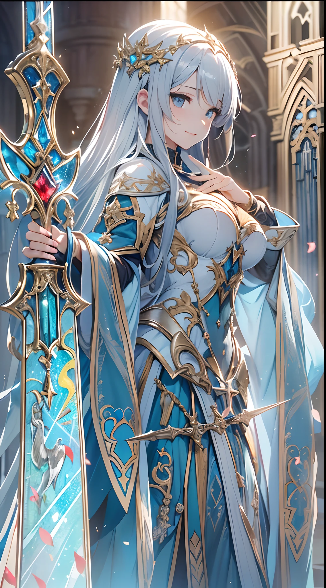 (Official art、Best Quality、Unity 8k Wallpapers、32K、masterpiece、ultra-detailliert、超A high resolution、realisitic、Photorealsitic:1.2)、(Cinematic lighting:1.2)、Fireglow effect、film grains、Best Shadows、Rim lighting、side lights、sideshot、(Ultra-detailed and complex 3D rendering)、Detailed beautiful face and eyes、Sharp pupils、Realistic pupils、A slender、1Man Woman、Medium bust、(Full body:1.2)、 beauitful face、-yeld beiful girl、(super detailed skin、detailed skin textures:1.3)、(silver blond、Blue-silver hair:1.3)、Paladin、Longhaire、Blunt bangs、Gray eyes、3 braids in 1 bunch、(Blue Armor、Blue Boots、Blue helmet、Jeweled、Gold embroidery)、A slender、Maxi skirt、(thighs thighs thighs thighs:0.8)、(chies、in a house、Artistic stained glass、Large pipe organ、crosses、Hello Point、Mystical、Particles of light、solemnity、Sunlight is、colourfull、Fantastical:1.2)、(Fantastical:1.3)、(Carrying the Holy Sword:1.3)、(Looking away、looking distantly:1.3)、Fantastical、Gentle smile、I opened my mouth a little、