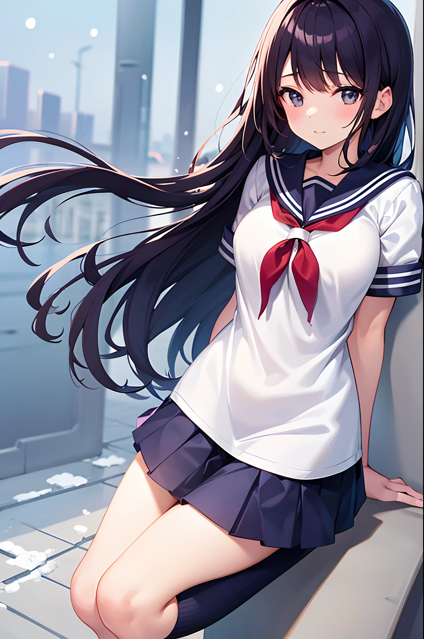 1girl in, Solo, Long hair, Front ponytail, black colored hair, Blue eyes, Beautiful detailed eyes, white thighhig, School uniform, llight rays, Colorful, High contrast, (masutepiece), Wallpaper,very large breast、Panchira、A slight smil