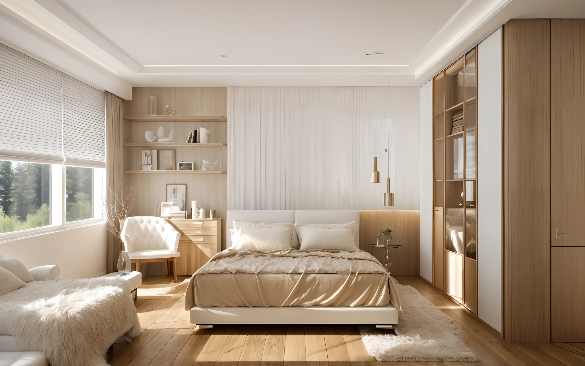 luxurious bedroom interior design, wood floor, rug, luxurious bed, glass window, glass door, lamp, picture frame, wooden cabinet, white curtain, white ceiling, (masterpiece), realistic, high quality, softlight, natural contrast, scenery,(luxury)
