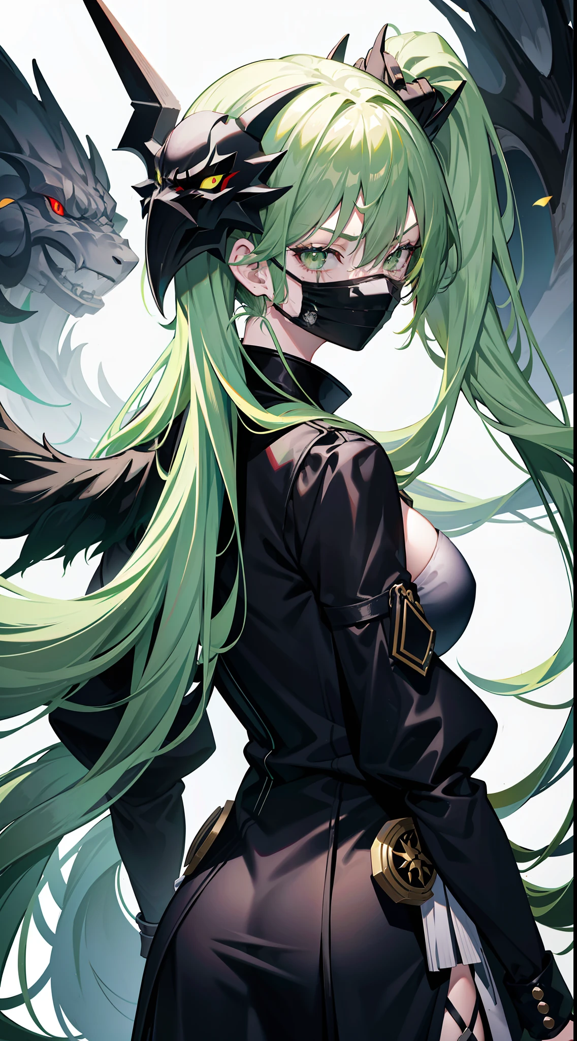 Adult woman, long green hair, high ponytail, white eyes, Black Dense Shape, mask, angry, seen from behind, Smile, Masterpiece, hiquality, 4k, HD, Good detail