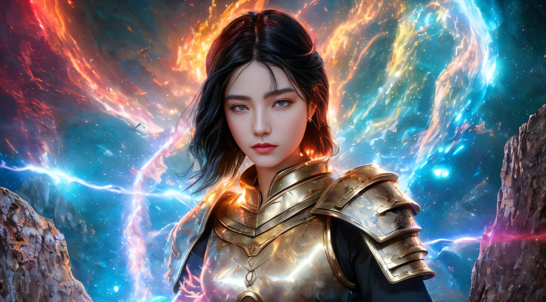 32K，复杂，ellegance，highly  detailed，A majestic，Digital photography，Autumn cowboy shot，surrealism painting，Broken rubies，Beating magic，Entwined water magic，（tmasterpiece，Cinematic light，Fine beautiful eyes：1.2），hdr，Void 5 Energy Storm，(China 1 female bodhisattva，Black eyes:1.5），paleskin，Glowing skin，(On stone：1.5），delicated face，Black color hair，Wearing palatial red armor，