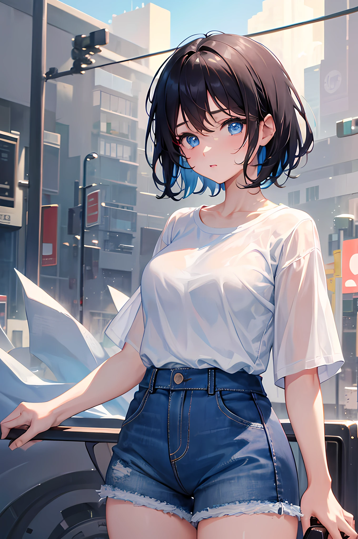 1girl, short black hair, blue eyes, wearing white shirt, Denim shorts , city, absurdres, high res, ultrasharp, 8k, masterpiece, looking at viewer