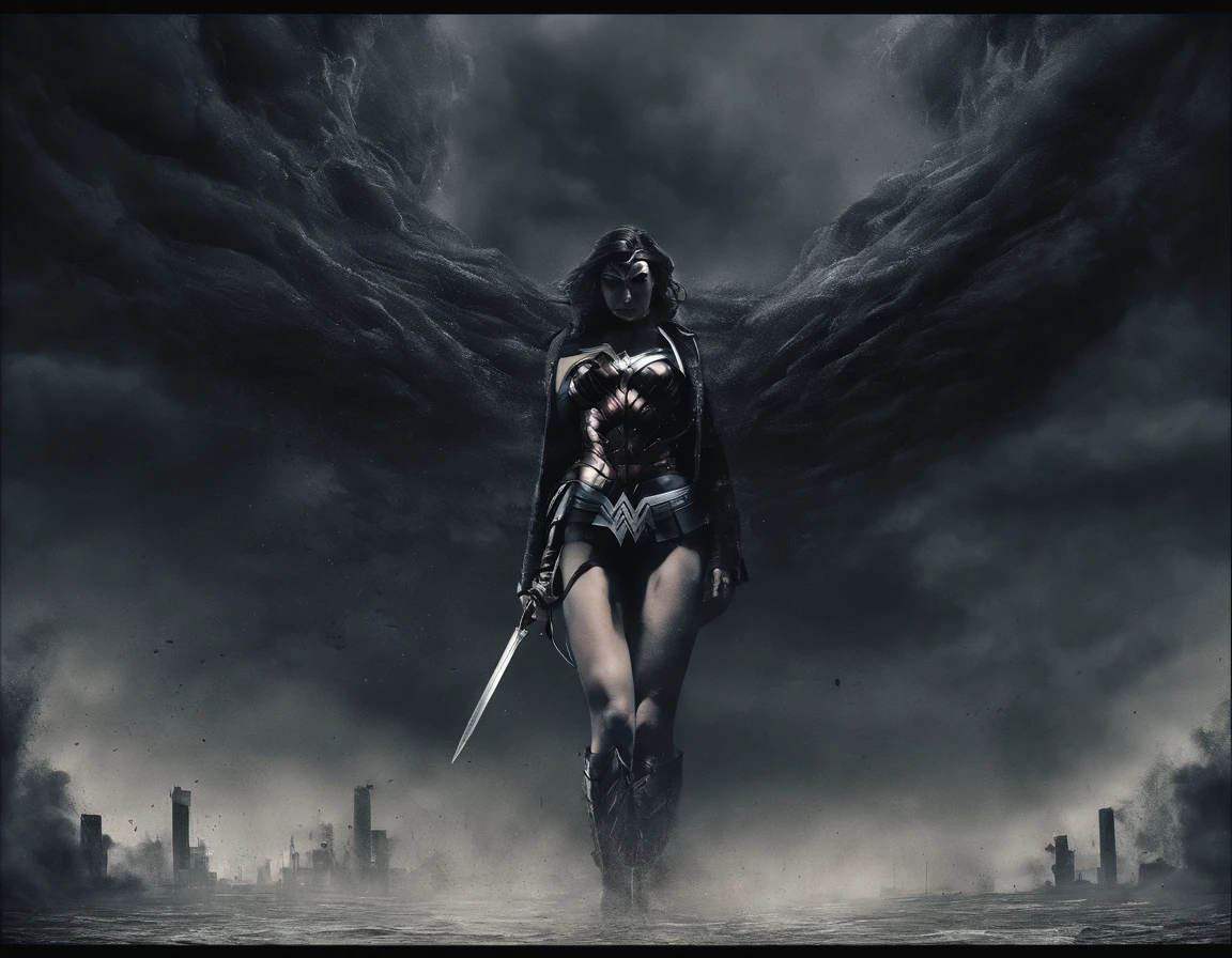moody storm clouds, raining, photo realistic front view of thicc big breasts wonder woman in micro-bikini-thong costume oiled ass, cameltoe, dynamic pose, ready for action, attacked by tentacles. building collapse, fire smoke, low-angle shot, wide-angle shot, dramatic angle, extreme angle shot