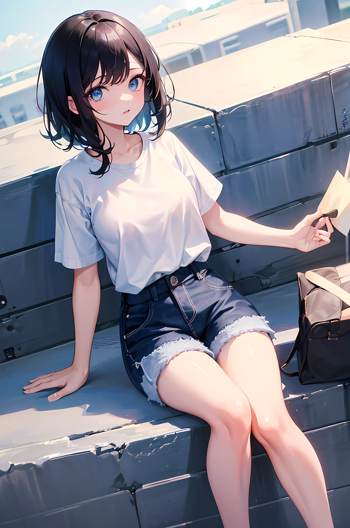1girl, short black hair, blue eyes, wearing white shirt, Denim shorts , city, absurdres, high res, ultrasharp, 8k, masterpiece, looking at viewer