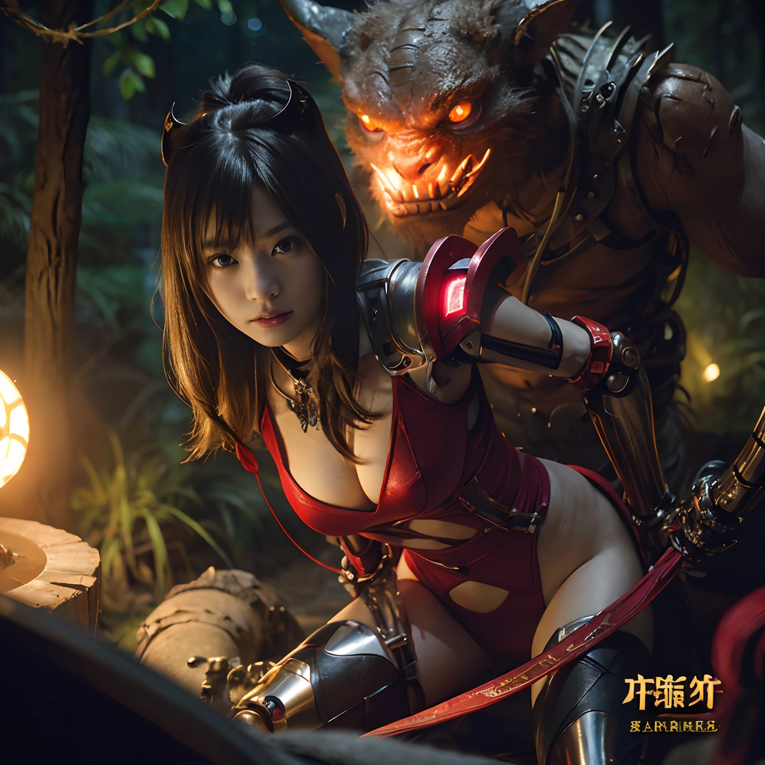 (1 Mechanical Girl)、top-quality、masterpiece、超A high resolution、(Photorealsitic:1.4)、Raw photo、女の子1人、Fight mutants、glowy skin、(((1 Mechanical Girl)))、With a beautiful knife、(Yellow Metal Bodysuit)、(Kobold、ogre、Fierce battle with orcs),(Fight fiercely against aliens)、Fight fiercely、(beautiful forest background)、(Fighting Demonic Beasts)、(Small LED)、((super realistic details))、portlate、(Strong giant demon beast background),globalillumination、Shadow、octan render、8K、ultrasharp、Colossal tits、Raw skin is exposed in cleavage、metals、Details of complex ornaments、Japan details、highly intricate detail、Realistic light、(Mystical expression),CGSoation Trends、Red Eyes、radiant eyes、Facing the camera、neon details、(Mechanical limbs)、(blood vessels connected to tubes)、Mechanical vertebrae attached to the back、mechanical cervical attaching to neck、(Wires and cables connecting to the head)、Gundam、Small LED、,Mechanical thighs、Toostock、(Hands are also made of machines)、(Attack of the Monster Beasts)、(Wounded in a deadly battle)、