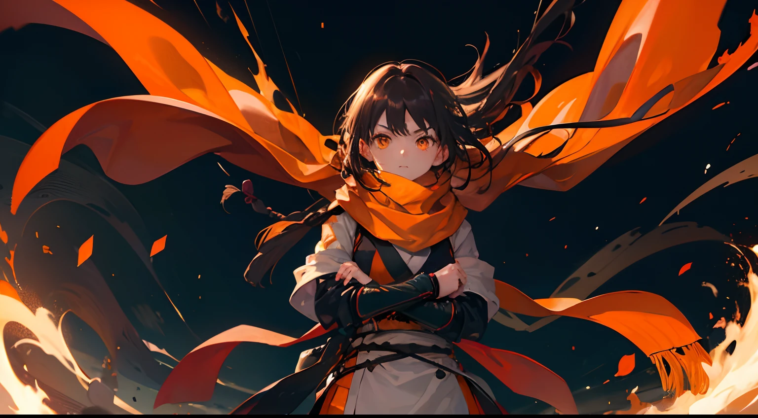 Big logo with the letter R、shinobi、One girl、Flowing in the wind、Orange Long Scarf、A dark-haired、Orange Eyes