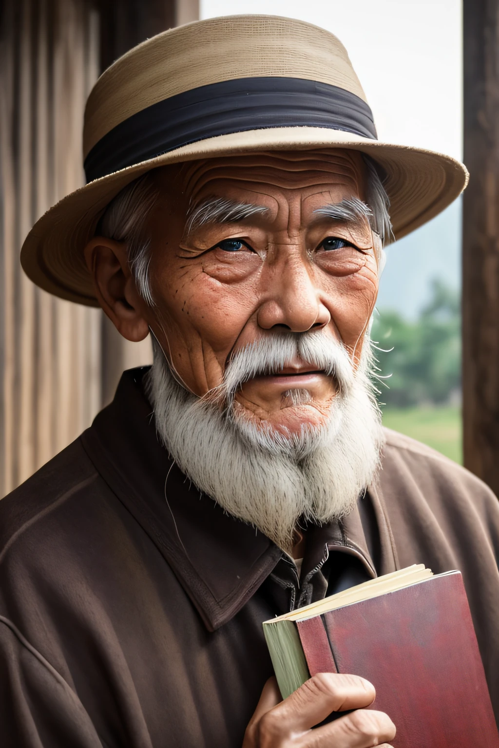 An old man with traditional Chinese thinking,Real frontal photos,Authentic background,The background is nature,Holding a book,worn-out clothing,Face full of wrinkles,80-year-old man,Wise eyes,The beard is white,male people,country style