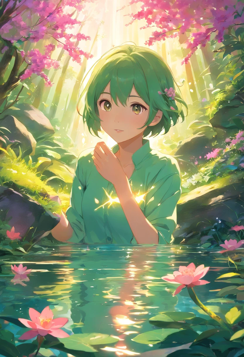 (reflection of light:1.2), surrounded by vibrant flowers, in a magical forest with soft sunlight streaming through the trees. The salamander's eyes gleam with curiosity and excitement as it delicately bites into a green leaf, savoring each bite. The texture of its vivid pink skin is enhanced by the flickering flames dancing around its body. The image quality is of the highest caliber, presenting every detail with exquisite sharpness and realism. The artwork is created in a mixed media style, blending digital painting and photography seamlessly. The color palette is rich and vibrant, highlighting the salamander's radiant pink hue against the lush greenery and the vibrant petals of the blooming flowers. The lighting in the scene creates a warm and enchanting atmosphere, with gentle rays of sunlight illuminating the entire setting.