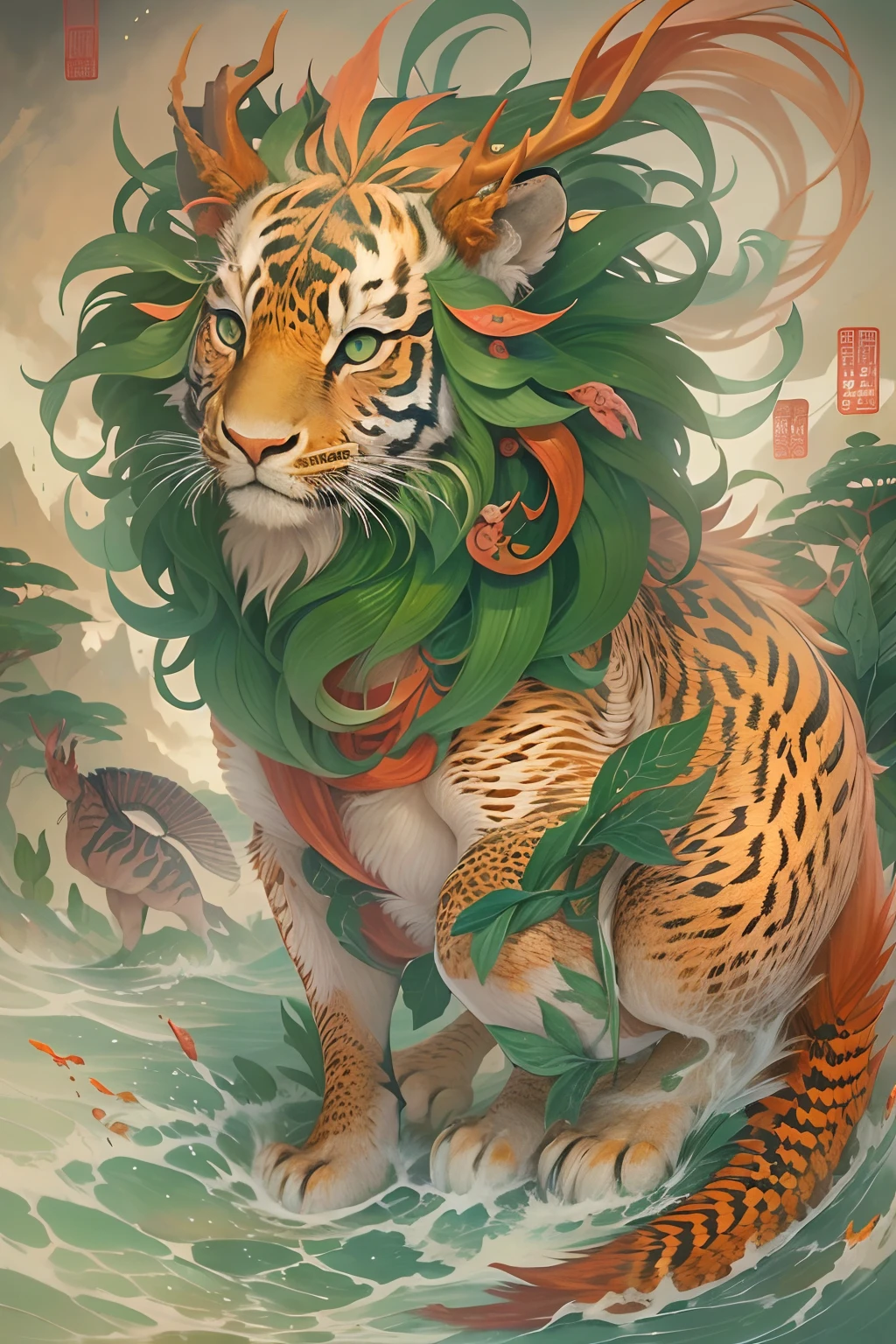 Paintings of mythical beasts in ancient Chinese legends, a mythical creature, mythological creatures, detailed creature, an ancient creature,、The horns are like deer、The head is like a camel;、Ears like cats、Eyes like shrimp、The mouth is like a donkey、Hair like a lion、The neck is like a snake、The abdomen resembles a mirage,Scales resemble carps、The front paws resemble an eagle,The hind paws are like tigers。