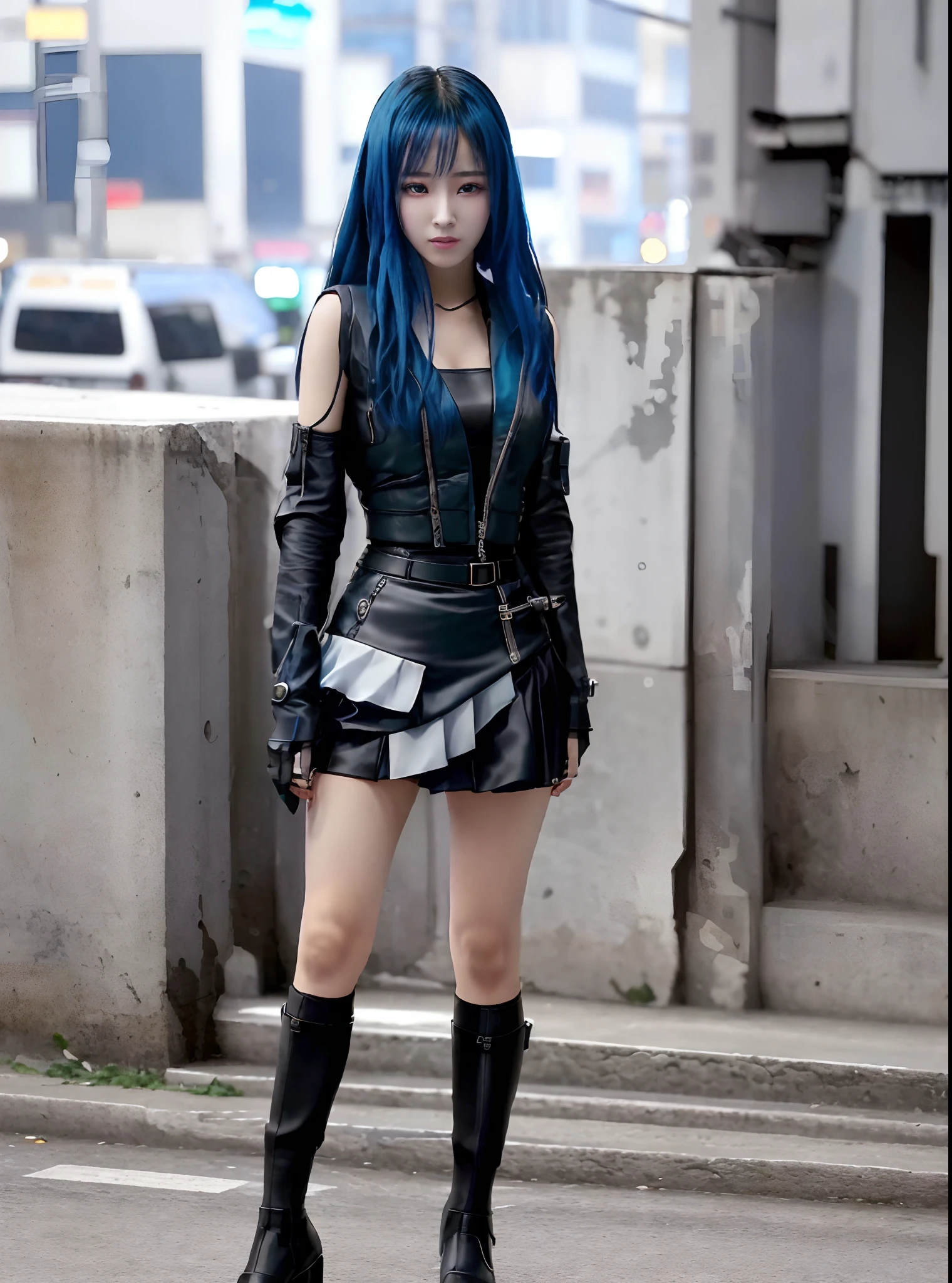 there is a woman standing on a street corner in a short skirt, in cyberpunk city, cyberpunk girl, in a cyberpunk city, in cyberpunk style, cyberpunk style, cyberpunk beautiful girl, cyberpunk in a cyberpunk city, in a cyberpunk setting, cyberpunk 2 0 y. o model girl, seductive cyberpunk dark fantasy, cyberpunk anime girl, at a cyberpunk city, car light