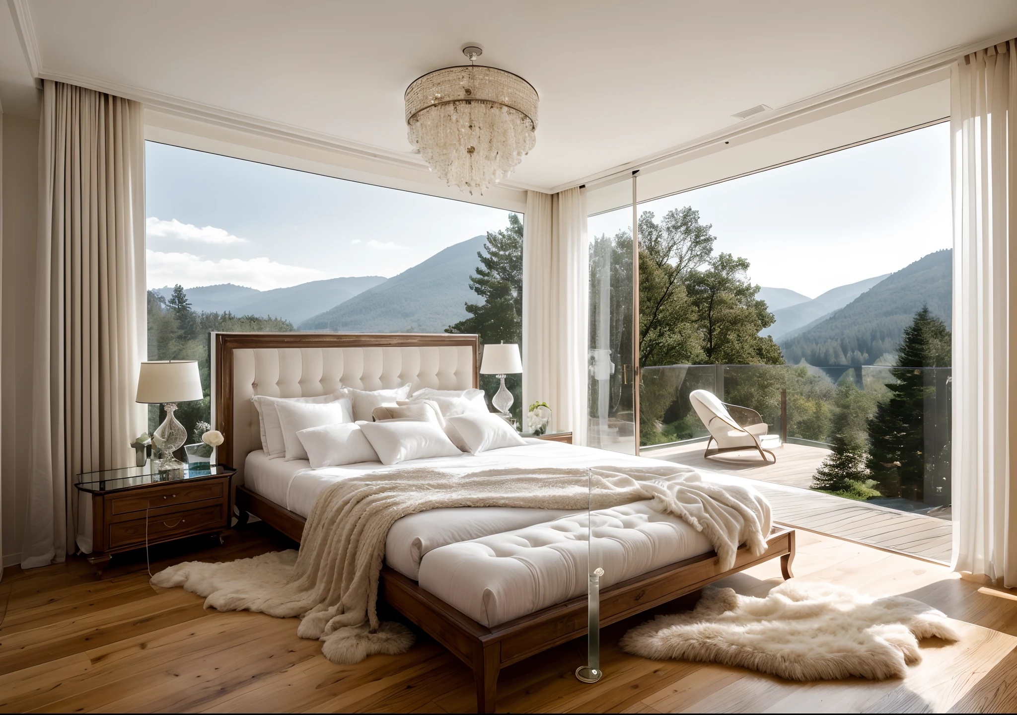 luxurious bedroom interior design, wood floor, rug, luxurious bed, glass window, glass door, lamp, picture frame, wooden cabinet, white curtain, white ceiling, (masterpiece), realistic, high quality, softlight, natural contrast, scenery,(luxury)