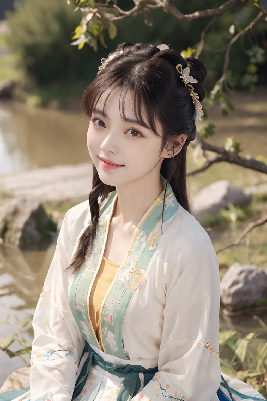 Best quality at best,tmasterpiece,超高分辨率,(photo-realistic:1.4),8K raw photos, A high resolution,Ancient Chinese Hanfu, Song uniform Han uniform, Beautiful pattern, Colorful embroidery, beautiful eyes in detail, long eyelasher, RAW photogr, face to the viewer, The upper part of the body, Close-up Shot Shot, ((( Landscape background))),(1girll), 独奏, ((The upper part of the body)), Beautiful hairstyle, hair adornments, Beads, jewelry, No action, Front lighting, ssmile, (looks into camera)