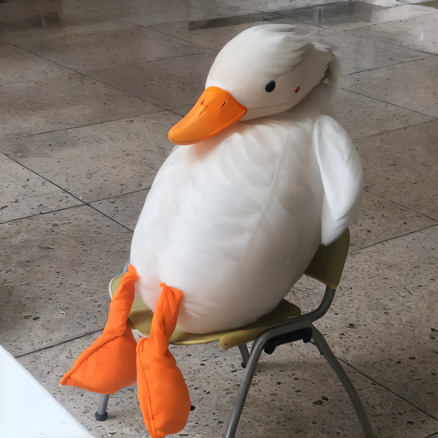 There was a stuffed duck sitting on a chair,The feet are orange, The duck sits at the table, scientist is a duck, donald duck in real life, subject= Duck, cute goose, detailed duck, 🦩🪐🐞👩🏻🦳, Duck, attached tail, kathy zyduck, plushies, the macho duck, inspired by Jacob Duck