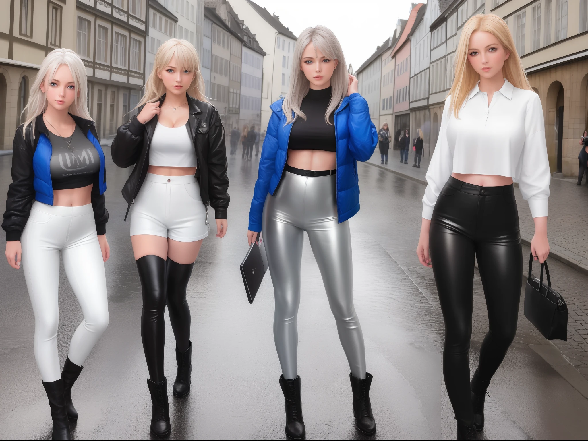 3 Realistic Girls, realistisches gesicht blonde lange Haar, blaue Augen, big boobs, full body visible, Background Ulm Minster, münsterplatz ulm Wet road surface, crop top aus lack, Bauchmuskeln, Muscular legs in skin-tight silver leggings with boots, muscular arms, fokus auf lange beine, Hochsteckfrisur, Hands running through the hair,