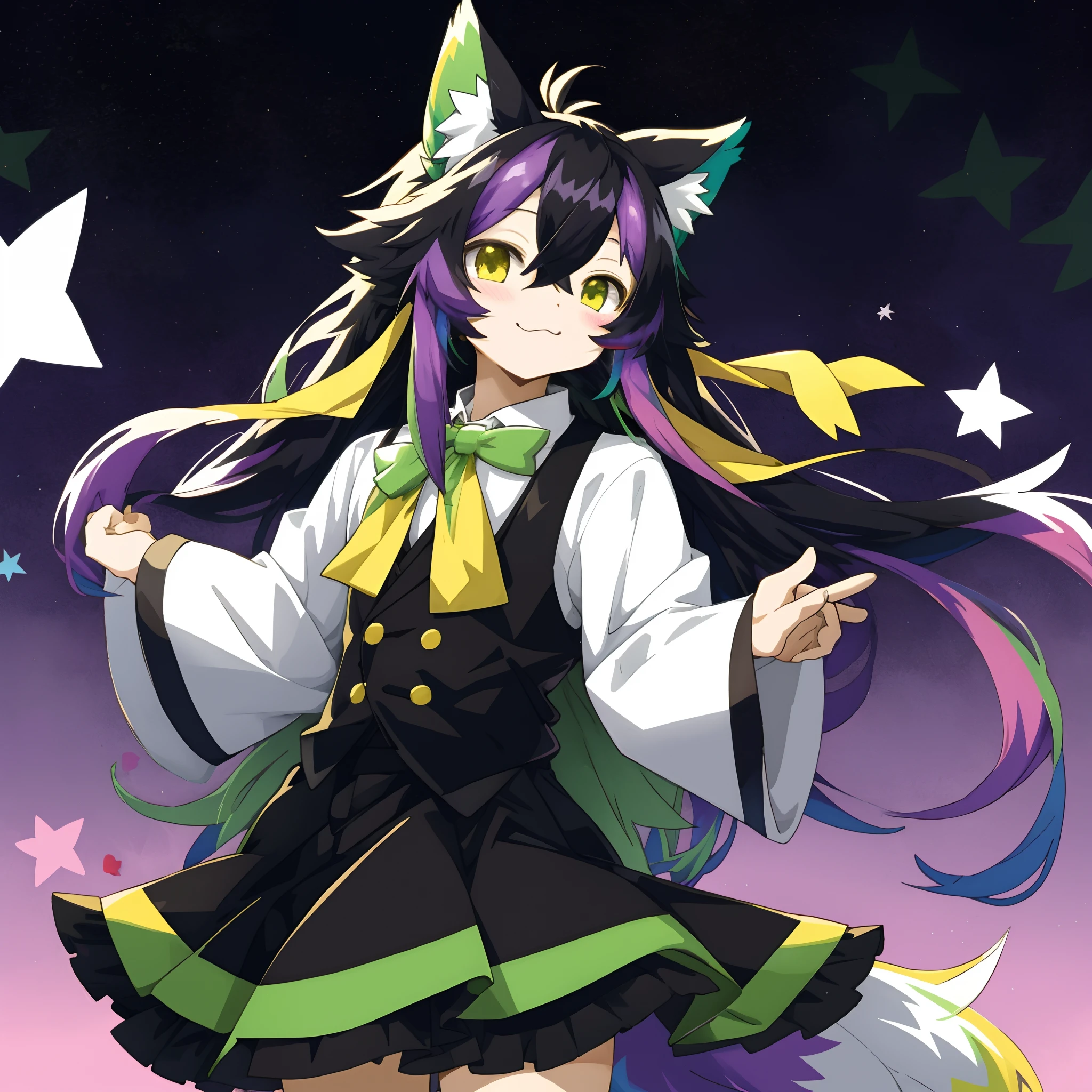 An anime style illustration, long hair with purple and green highlights, kemono, black and white outfit with a yellow bowtie, and a colorful background with stars and hearts,