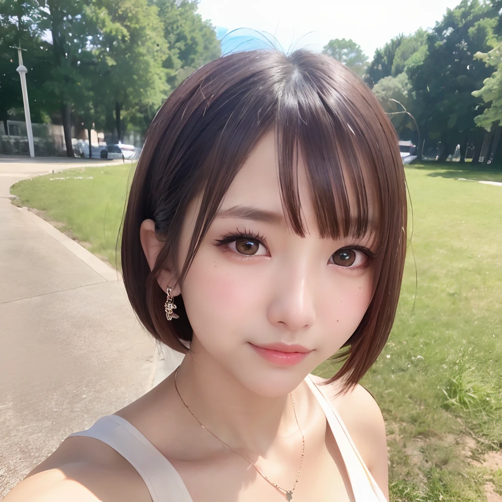 (64k, RAW photo, best quality, masterpiece:1.4), (realistic, photo-realistic:1.3), (20 years old), (1girl:1.5), (medium breasts), show cleavage, Luxurious dresses, (Insanely intricate cute face and eyes), ((face shot:1.2)), especially strong light, (upper eyes), shiny skin, (dark brown hair, semi-long cut:1.2), (flash:1.2), ((seductive posture:1.2, attractive:1.2)), ((good anatomy: 1.2)), perfect face:1.2, portrait, cowboy shot, close up:1.3, (charming smile), makeup, lipgloss, blush cheeks, Detailed teeth, Detailed mouth, a necklace, piercings, Bracelet, break, (in the park)