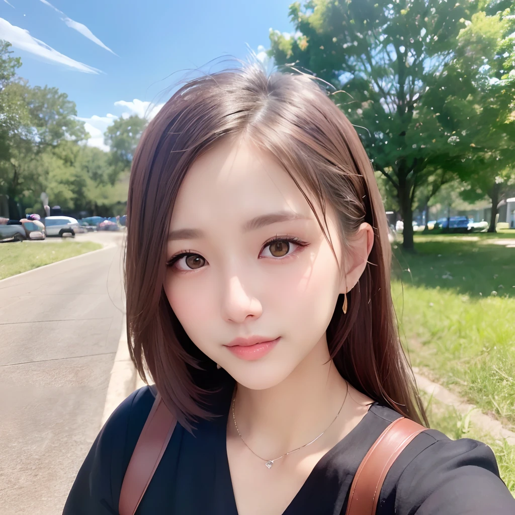 (64k, RAW photo, best quality, masterpiece:1.4), (realistic, photo-realistic:1.3), (20 years old), (1girl:1.5), (medium breasts), show cleavage, Luxurious dresses, (Insanely intricate cute face and eyes), ((face shot:1.2)), especially strong light, (upper eyes), shiny skin, (dark brown hair, semi-long cut:1.2), (flash:1.2), ((seductive posture:1.2, attractive:1.2)), ((good anatomy: 1.2)), perfect face:1.2, portrait, cowboy shot, close up:1.3, (charming smile), makeup, lipgloss, blush cheeks, Detailed teeth, Detailed mouth, a necklace, piercings, Bracelet, break, (in the park)