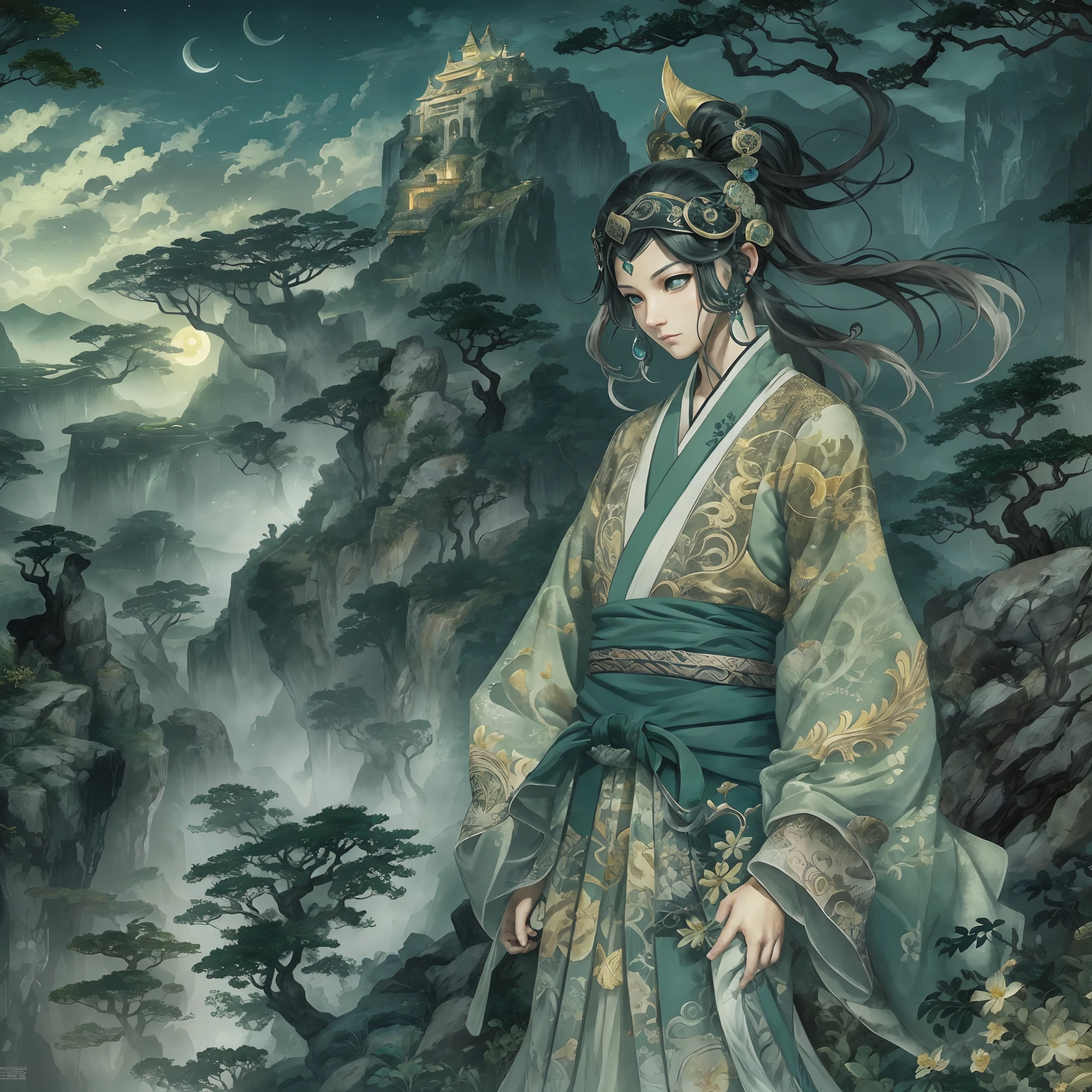 mystic ninja，Detailed face，Detailed eyes，Clear eyes，Gui Zen，Exotic beasts of mountains and seas，Dark green and black details, Loose and thick clothing covers the body，standing on cliff，Bask in the luxury of Yoshitaka Amano in the moonlight，fanciful，sci-fy，the complex background（full bodyesbian），((dynamicposes))，Colorful wallpapers，Highly detailed，Masterpiece，best qualtiy，art  stations