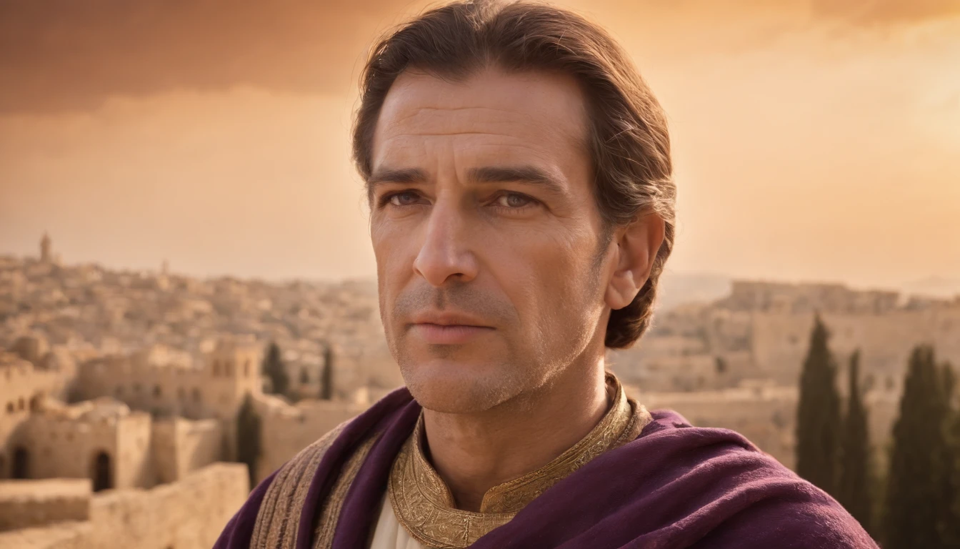 "Amidst the twilight backdrop of Jerusalem, King David stands regally before the city's golden walls. His royal robe, a deep shade of purple, billows gently in the breeze as he gazes with unwavering determination towards the horizon. The setting sun casts a soft, golden light upon him, accentuating the lines of wisdom etched upon his aging face. His eyes, brimming with a lifetime of experiences and unwavering courage, reflect a history filled with battles and triumphs. The people of Israel gather below in silent admiration, while epic music swells in the background, echoing his legendary journey."