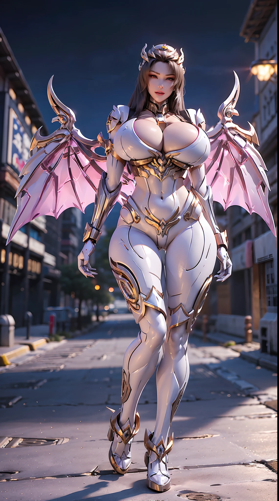 BEST QUALITY, (PHOTOREALISTIC:1.2), HYPER-RESOLUTION,1GIRL, SOLO, (DRAGON QUEEN HELM), (HUGE FAKE BOOBS:1.3), (WHITE, GOLD, PURPLE), (FUTURISTIC MECHA CROP TOP, A PAIR HUGE MECHANICAL WINGS, CLEAVAGE:1.4), (SKINTIGHT YOGA PANTS, HIGH HEELS:1.2), (GLAMOROUS BODY, MUSCLE ABS, LONG LEGS, FULL BODY VIEW:1.5), (LOOKING AT VIEWER:1.5), (WALKING DOWN STREET CYBER NIGHT CITY:1.2), ULTRA HIGHT DEFINITION, 8K, 1080P.