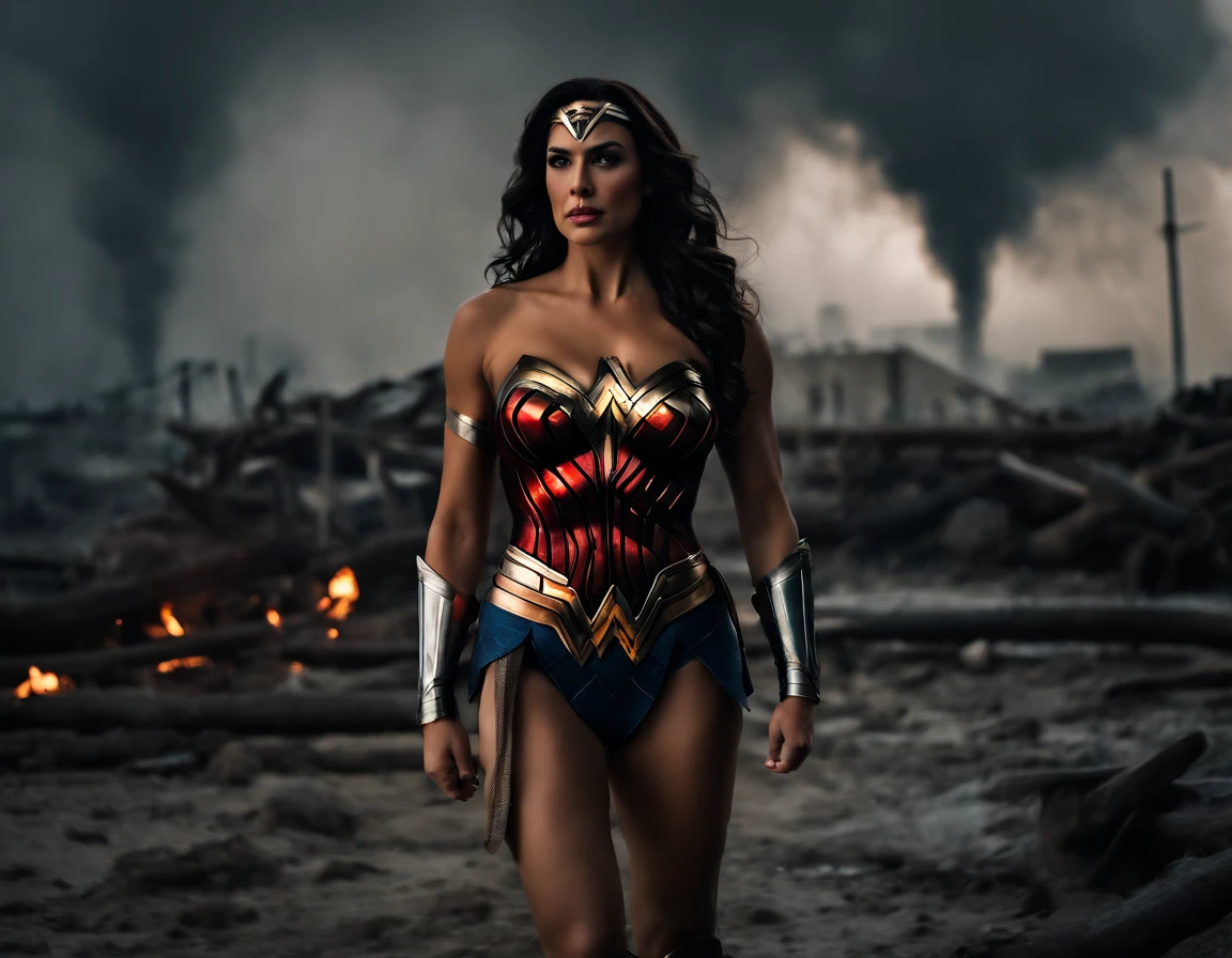 moody storm clouds, raining, photo realistic front view of thicc big breasts wonder woman in micro-bikini-thong costume oiled ass, cameltoe, dynamic pose, ready for action, attacked by tentacles. building collapse, fire smoke, low-angle shot, wide-angle shot, dramatic angle, extreme angle shot