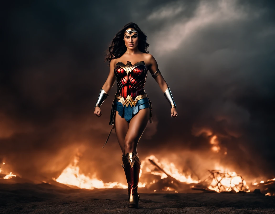moody storm clouds, raining, photo realistic front view of thicc big breasts wonder woman in micro-bikini-thong costume oiled ass, cameltoe, dynamic pose, ready for action, attacked by tentacles. building collapse, fire smoke, low-angle shot, wide-angle shot, dramatic angle, extreme angle shot