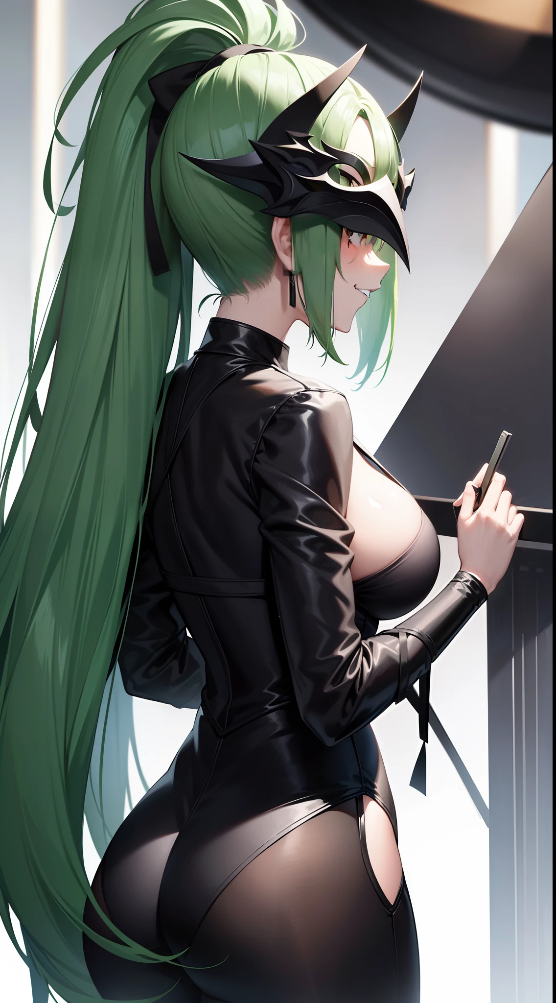Adult woman, long green hair, high ponytail, white eyes, Black Dense Shape, mask, angry, seen from behind, Smile, Masterpiece, hiquality, 4k, HD, Good detail