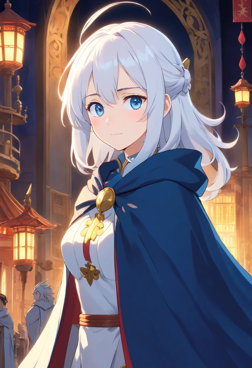 anime girl with white hair and blue eyes in black cape, white haired deity, portrait knights of zodiac girl, hajime yatate, anime visual of a cute girl, girl with white hair, official art, white haired, perfect white haired girl, white haired lady, white-haired, anime visual of a young woman, naked