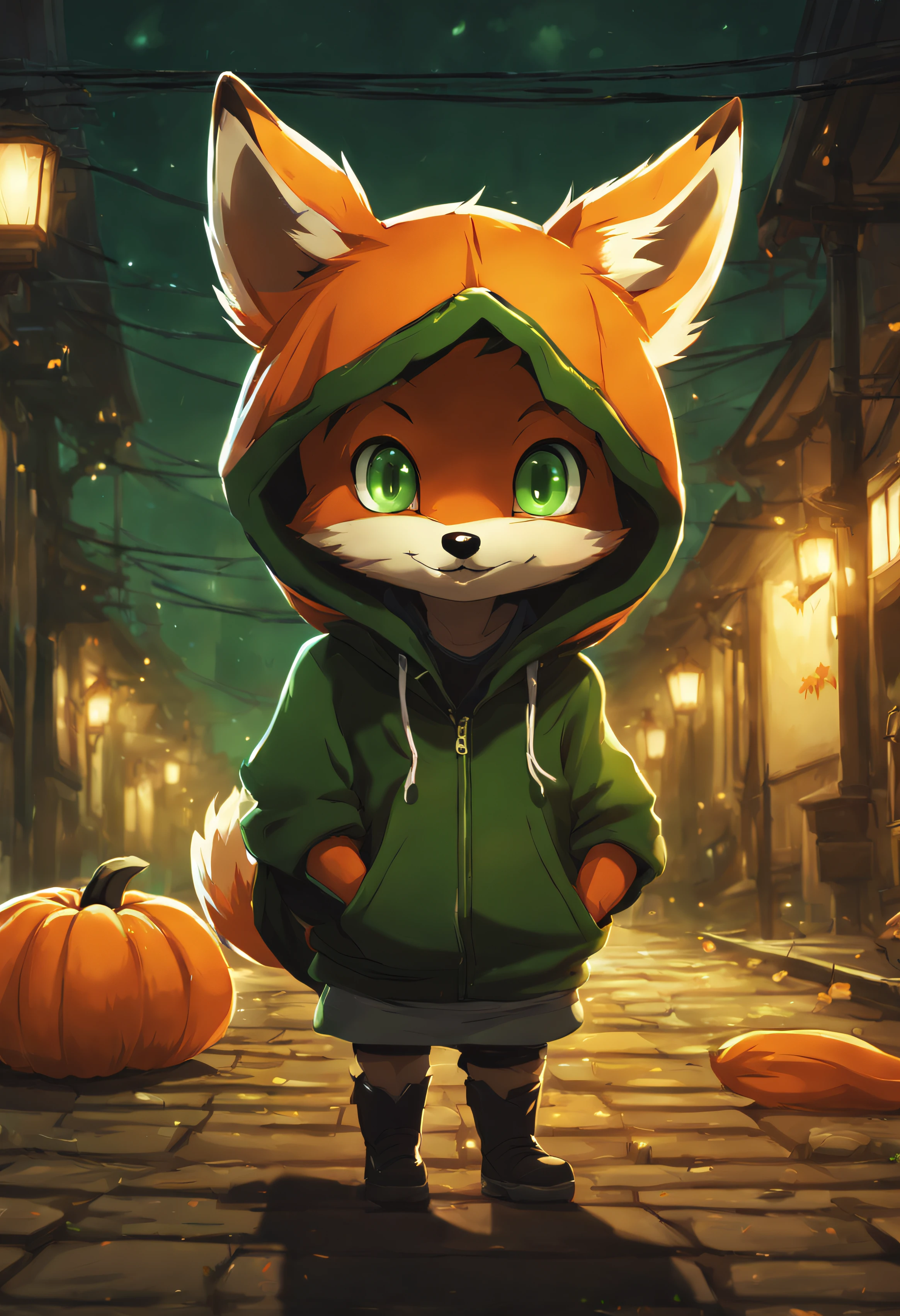 A cute little fox with green eyes and a black hoodie with fox ears coming through the hood. The picture looks like the work of the Makoto Shinkai. The fox is a trick or treat walking on a dark Halloween street. cute, high quality, 4k, fox is small, cute little fox, halloween theme, halloween pumpkins 16:9