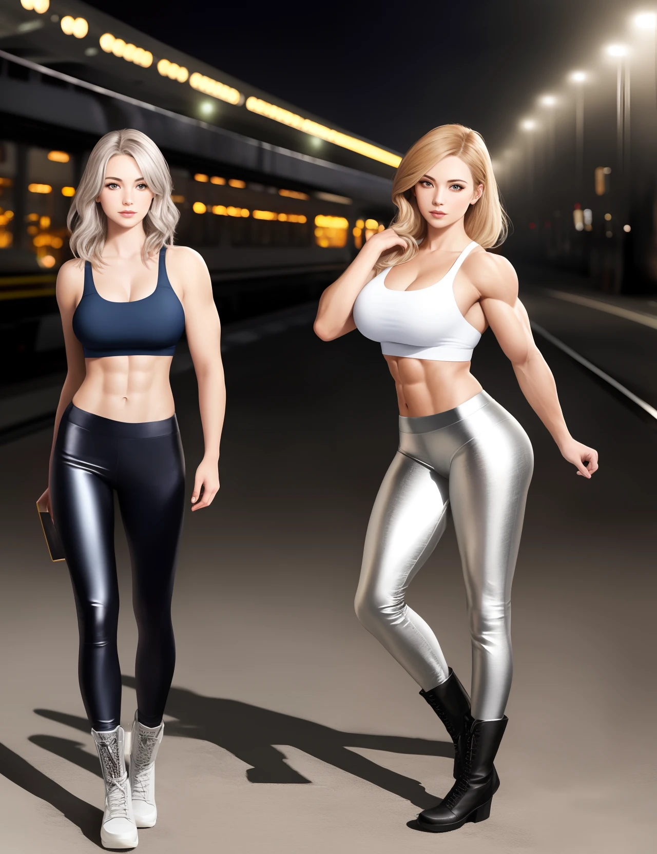 3 Realistic Girls, realistisches gesicht blonde lange Haar, blaue Augen, big boobs, full body visible, hintergrund stadt bei nacht, Nasse Fahrbahn, crop top aus lack, Bauchmuskeln, Muscular legs in skin-tight silver leggings with boots, muscular arms, fokus auf lange beine, Hochsteckfrisur, Hands running through the hair,