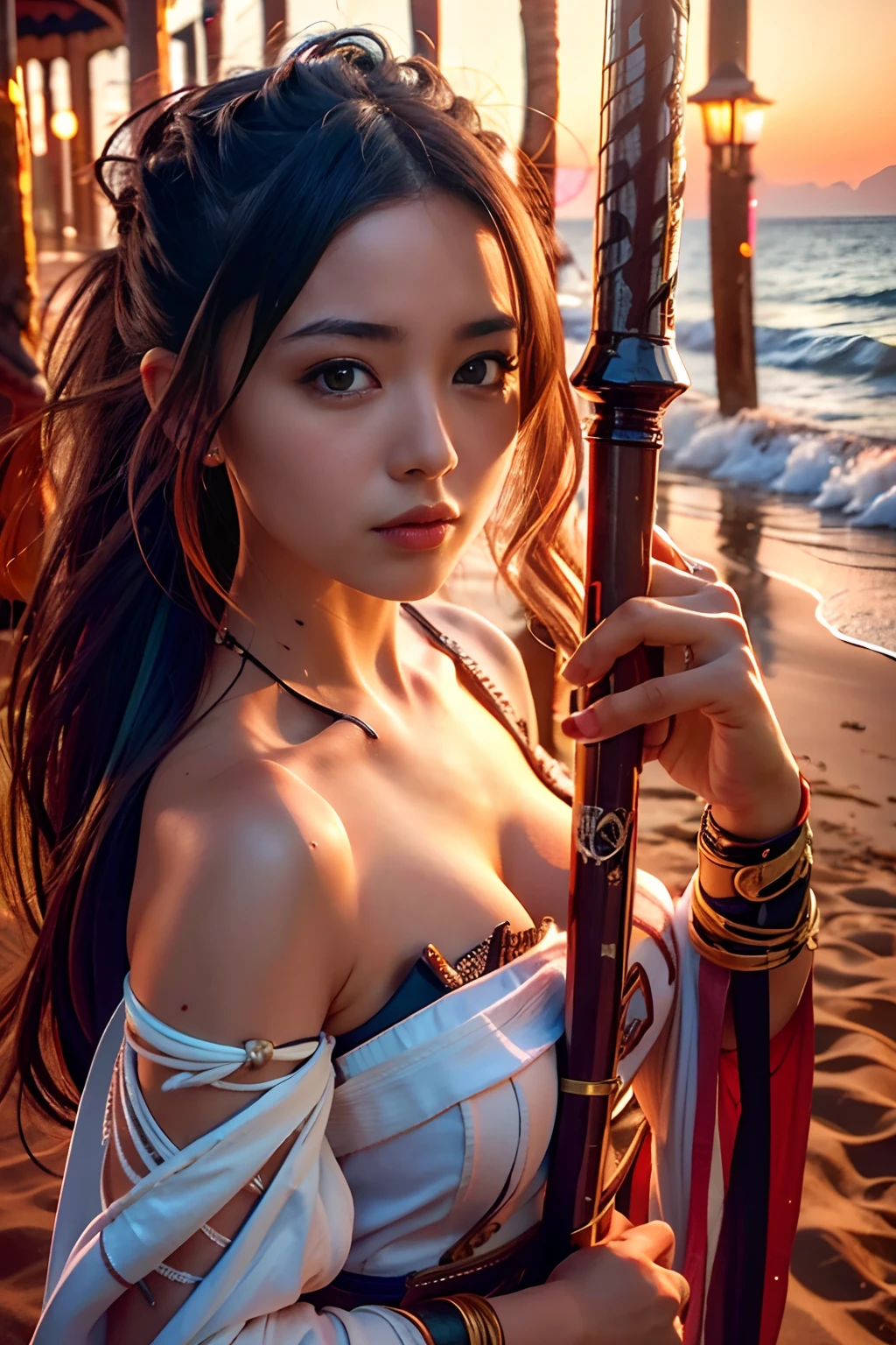 Best Quality, ultra hi res, photoreaslistic, fullnude、a photography of a beautiful woman, Teens in their 30s, Detailed face, Black nasty fishtail blade,Beach, (close up of face), Seductive look, Looking at Viewer