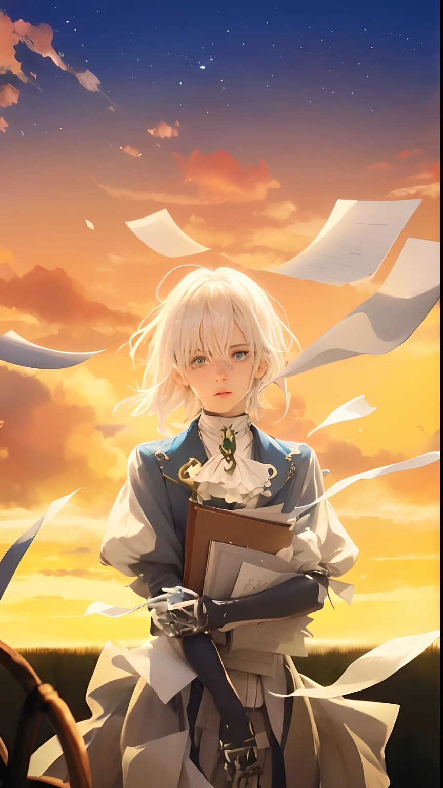 His hair is white, his eyes are beautiful blue, his clothes are blue and white, his hands are like a robot, holding a book, wearing a necklace and there is paper floating, behind him is the weather in the afternoon and there is grass