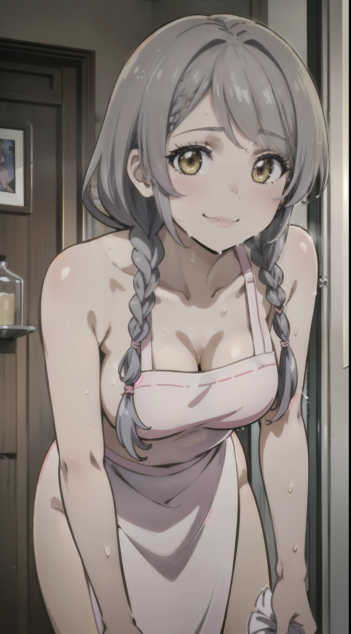 ((1 Beautiful Beautiful Girl)),(((detail portrayal))),(((Gray hairs))),(((Fetishes))),(((Braids１One))),(((a small face))),(((Less bangs))),(((Trimmed bangs))),(((Yellow eyes))),(​masterpiece)), (((Hanging eyes))),((top-quality)),((Vivid light and shadow depiction)), (The ultra-detailliert), ((kawaii)), cute little, (Detailed body line depiction), ((detailed face depiction)),((ighly detailed)),  (8K), top-quality, (Beautiful fece),(((World-class quality))), ighly detailed, hight resolution,(((Anime filling))),(((large udder))),(((小柄))),(((Show breasts))),(((Naked pink apron))),(((Leaning forward))),(((de pele branca))),(((Inside the girl's room))),(((kindly smile))),(((full of sweat))),(((Composition seen from the side))),(((dripping with sweat)))