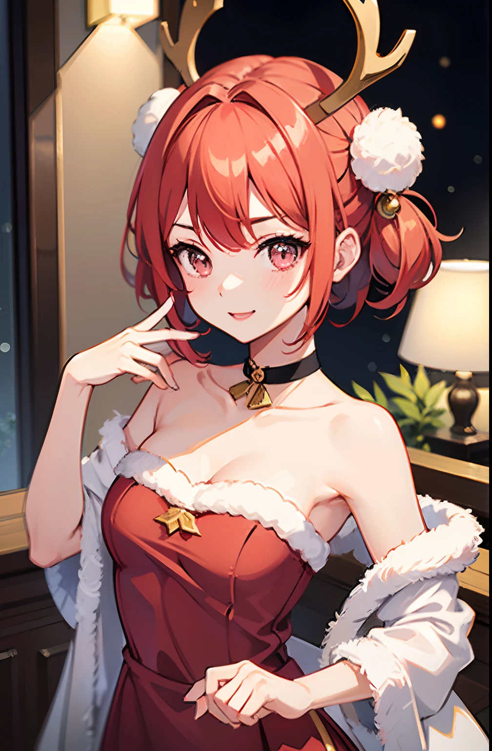 Gentle and attractive beautiful Chinese woman、half body photo、Delicate and sexy collarbone、bob、red hairs、Ahoge、a smile、Reindeer Cosplay、charming oval face、二重まぶた、Bright peach blossom eyes、Pink lips、a small nose、bare shoulders、Focused face、facial close-up、Ultra-high-resolutiondefinition、super detailing、Elegant standing position、Christmas Cosplay