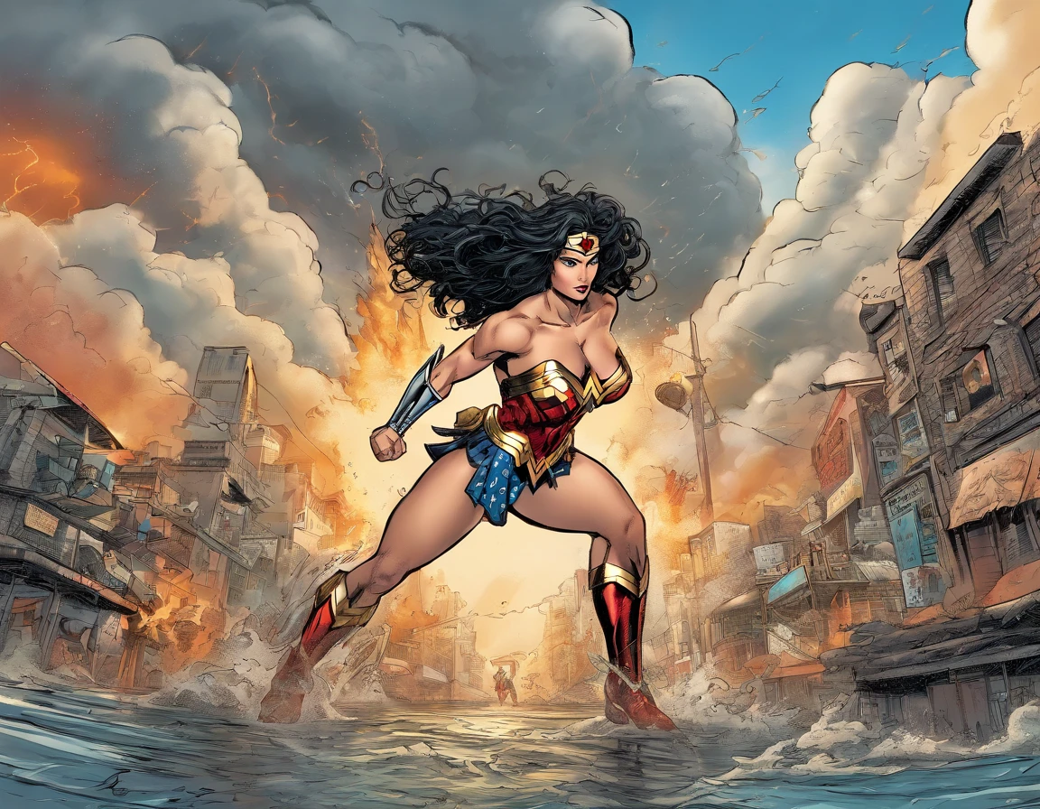 moody storm clouds, raining, photo realistic front view of thicc big breasts wonder woman in micro-bikini-thong costume oiled ass, cameltoe, dynamic pose, ready for action, attacked by tentacles. building collapse, fire smoke, low-angle shot, wide-angle shot, dramatic angle, extreme angle shot