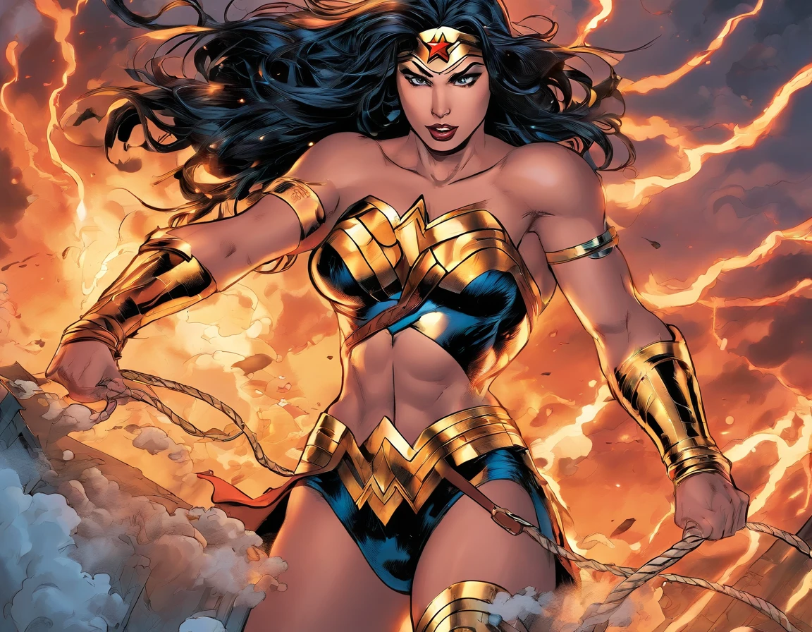 moody storm clouds, raining, photo realistic front view of thicc big breasts wonder woman in micro-bikini-thong costume oiled ass, cameltoe, dynamic pose, ready for action, attacked by tentacles. building collapse, fire smoke, low-angle shot, wide-angle shot, dramatic angle, extreme angle shot