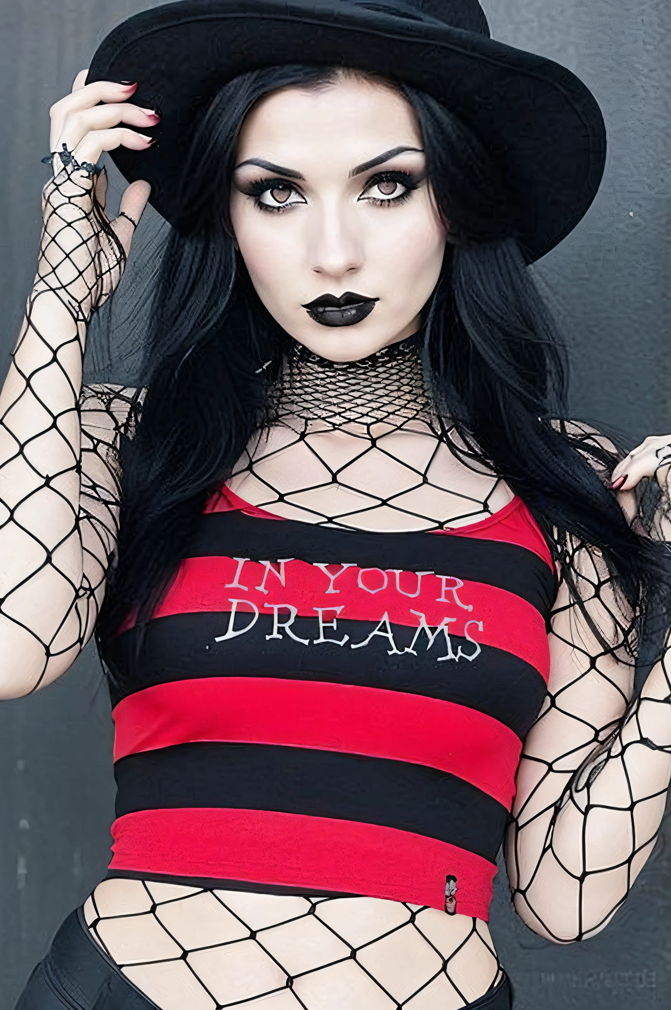 a woman with black hair wearing a red and black top, a photo inspired by Anne Stokes, pixabay, gothic art, dreamy gothic girl, 25 - year - old goth girl, very beautiful goth top model