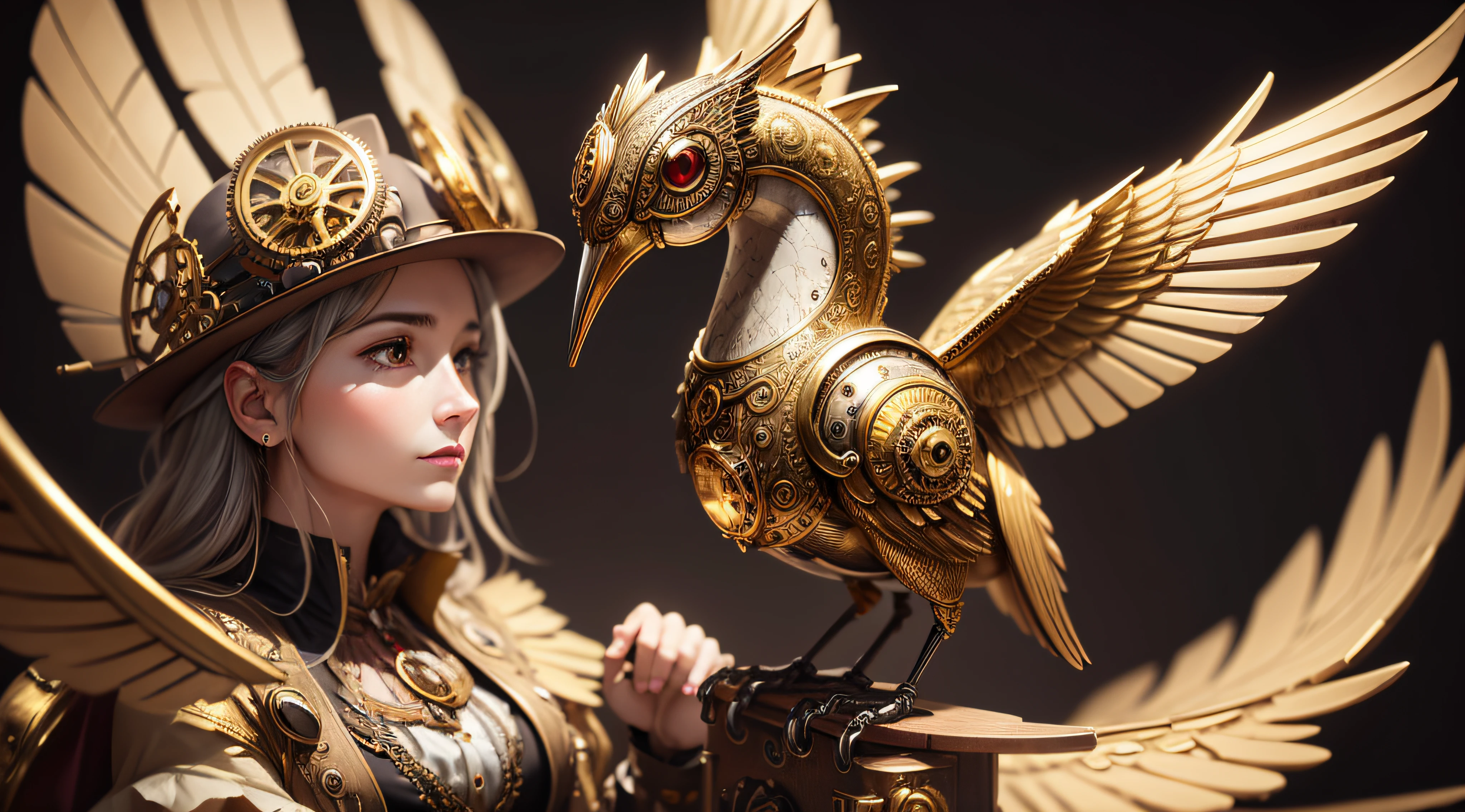 Steampunk, antique, gold, mechanical hummingbird with brass and gray gears on white background. Mechanical bird. (16k, best quality, Hdr, best resolution: 1.4, RAW photography), bokeh, realistic photography, Canon 5d