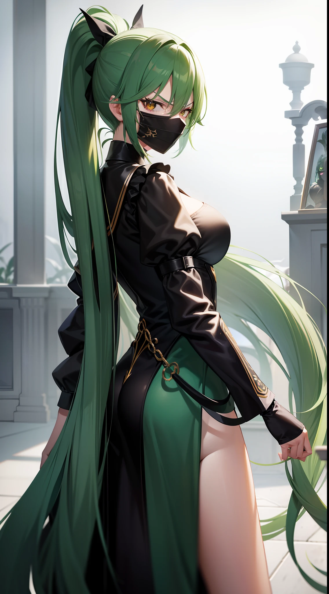 A girl,(anime),(hot),(young),(beautiful),(long green hair and green eyes and white skin),(super mega busty and with a big ass)