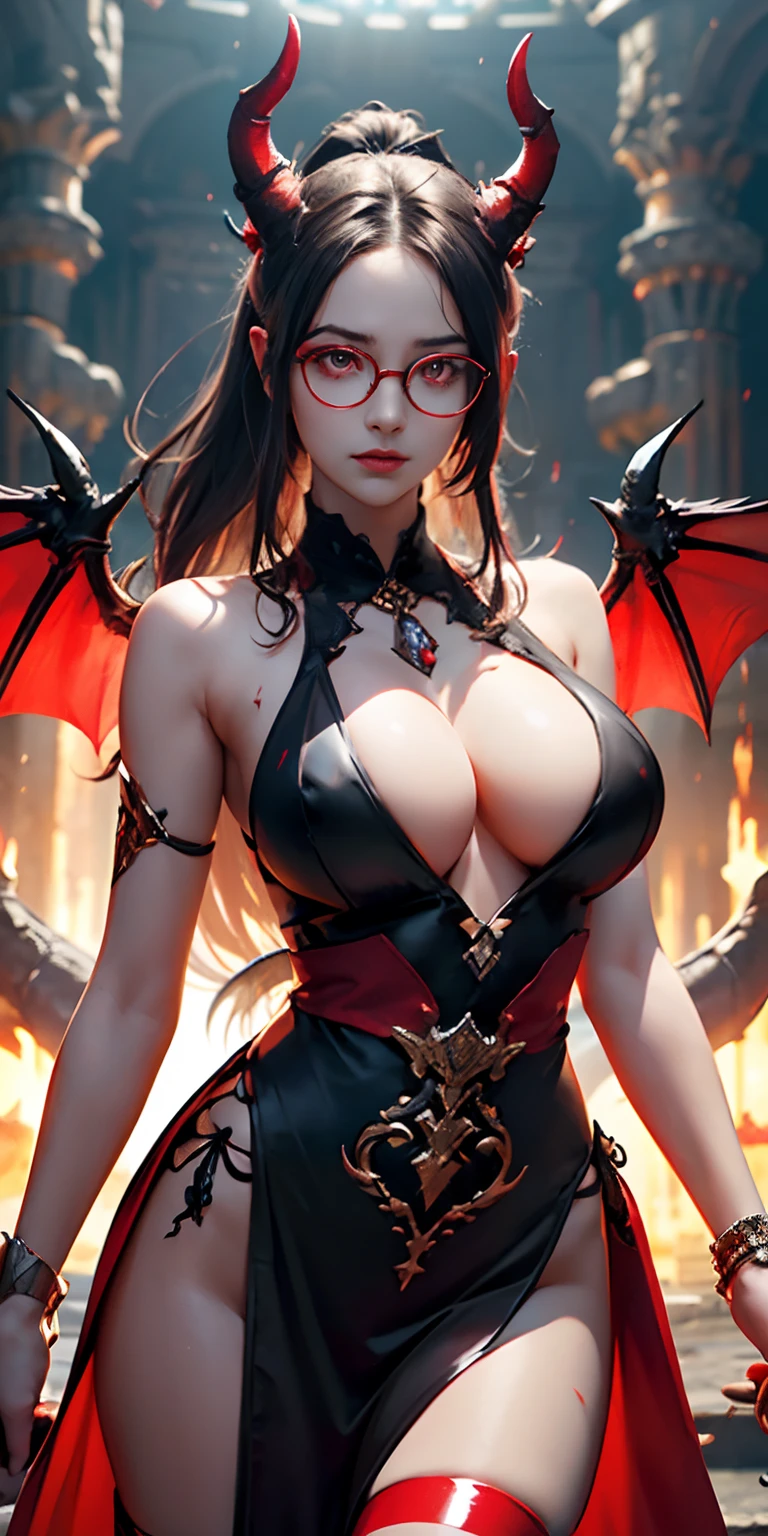 Fine、(The best illustrations)、8k UHD resolution、intricate-detail、top-quality、realisitic、ultra-detailliert、The best lighting、Best Shadows、Soft lighting、Ulutra HD、Dungeon and Dragon、caves、Dungeon、 A Necromancer、natta、Dark style、Succubus、Devil's Daughter、Bat Wings，(((Demon Horns)))、((((black-rimmed round glasses))))、(((Colossal tits)))、(Devil's Tail)、(red eyes glowing:1.6)、​masterpiece、beautiful countenance、Tindall Effect、photos realistic、(High Detail Skins:1.2)、8KUHD、Digital SLR、hightquality、a picture、hight resolution、 absurderes、Ponytail distortion、best ratio four finger and one thumb、女の子1人、hair adornments、Red sparkling gemstone necklace、jewely、Beautiful expression、Body Up、Large breasts emphasis、Toned waist、Wide buttocks、Tindall Effect、Photorealsitic、(High Detail Skins:1.2)、