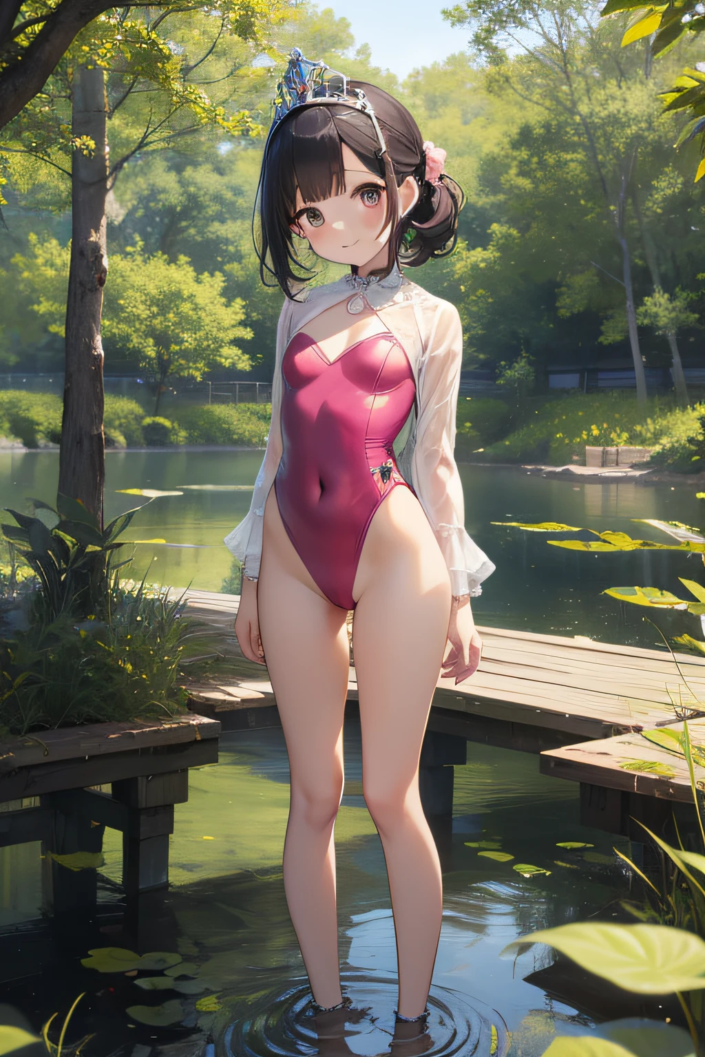 top-quality、extremely delicate and beautiful、Soio、Soio、8--old l、japanes、Lori、Chiquita、elementary stu、((Pink leotard))、(highleg)、Tiara on the head、A smile、is standing、Facing the front、Pond in the background、the woods、cherry trees