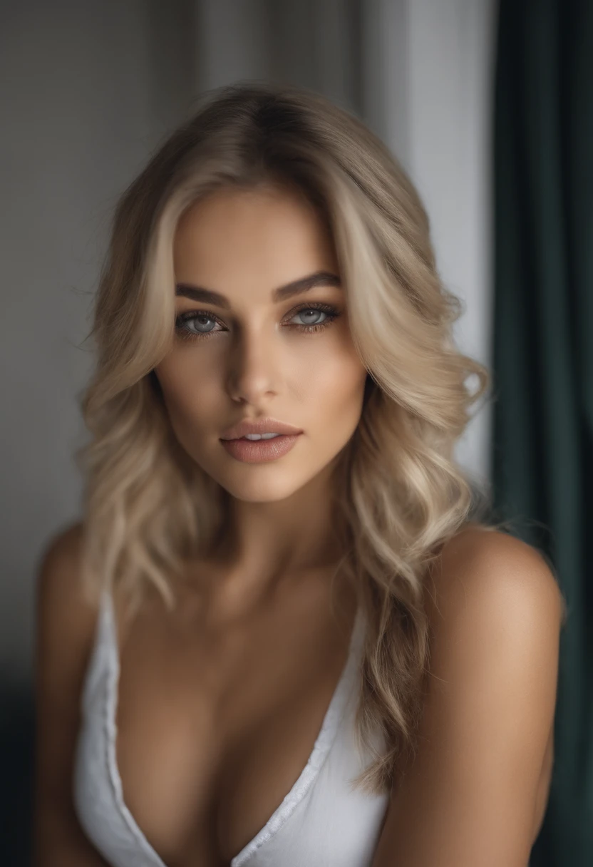 Oman with matching tank top and panties, fille sexy aux yeux gris, Portrait Sophie Mudd, Portrait de Corinna Kopf, cheveux blonds et grands yeux, selfie of a young woman, ohne Maquillage, maquillage naturel, Look directly into the camera, Visage avec Artgram, dezentes Maquillage, Superbe photo du corps entier, dans la chambre, gros seins, Blonde, Latina
