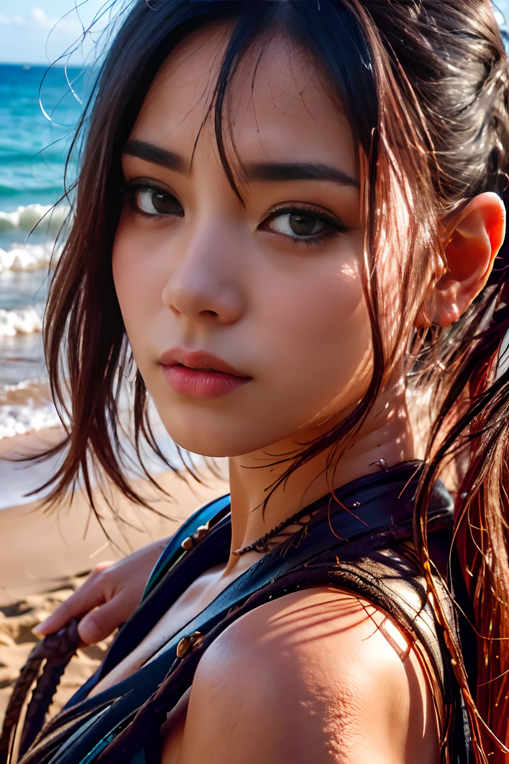 Best Quality, ultra hi res, photoreaslistic, fullnude、a photography of a beautiful woman, Teens in their 30s, Detailed face, Black nasty fishtail blade,Beach, (close up of face), Seductive look, Looking at Viewer